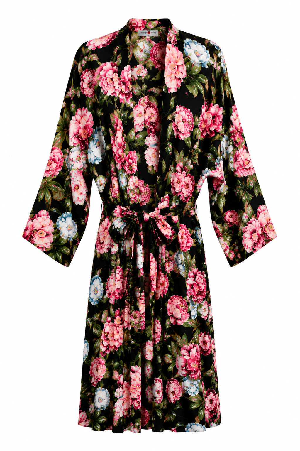 Poppy Divine navy floral kimono robe with pink floral print and self-tie waist