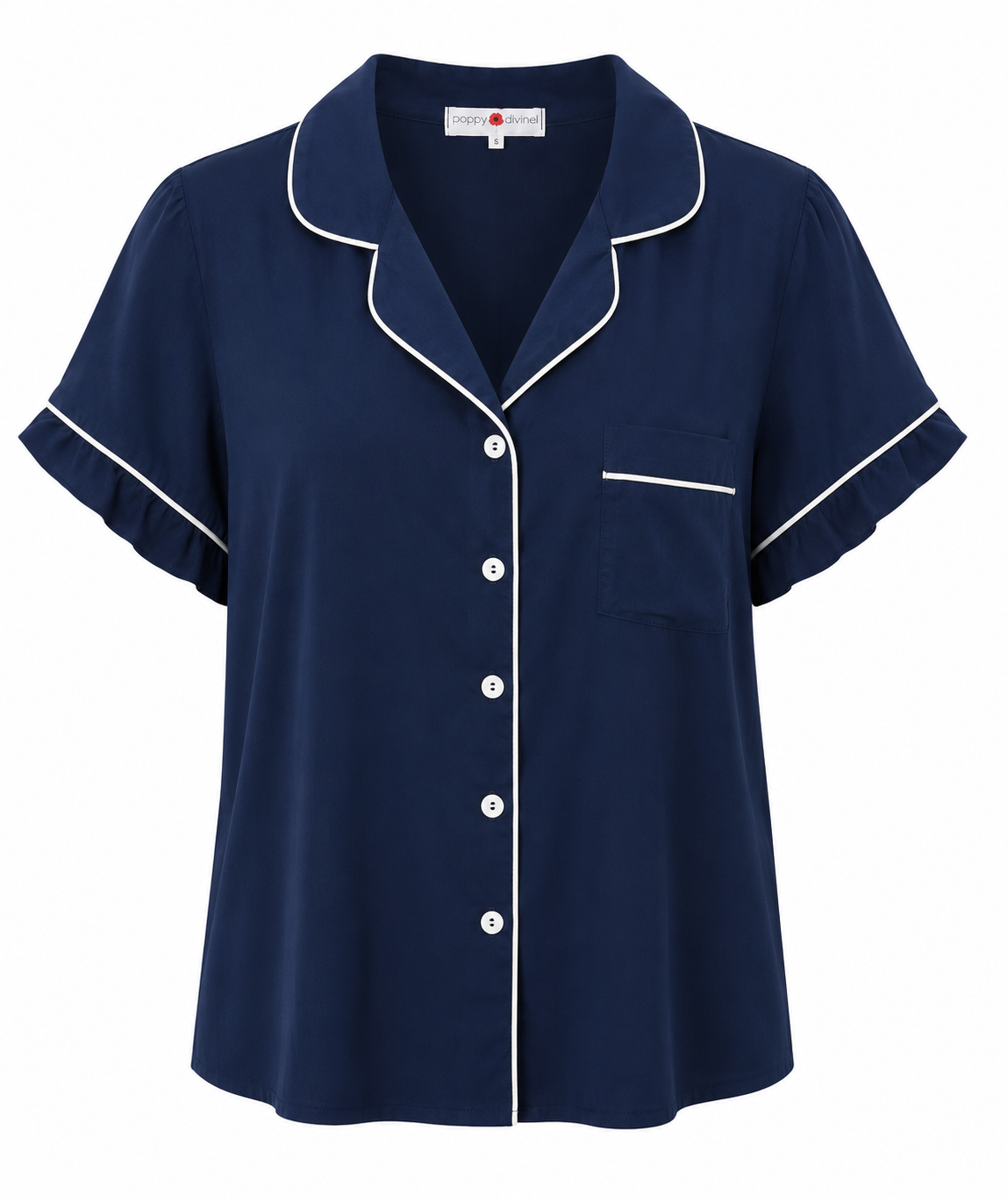 Poppy Divine classic navy short sleeve pyjama set with contrast piping