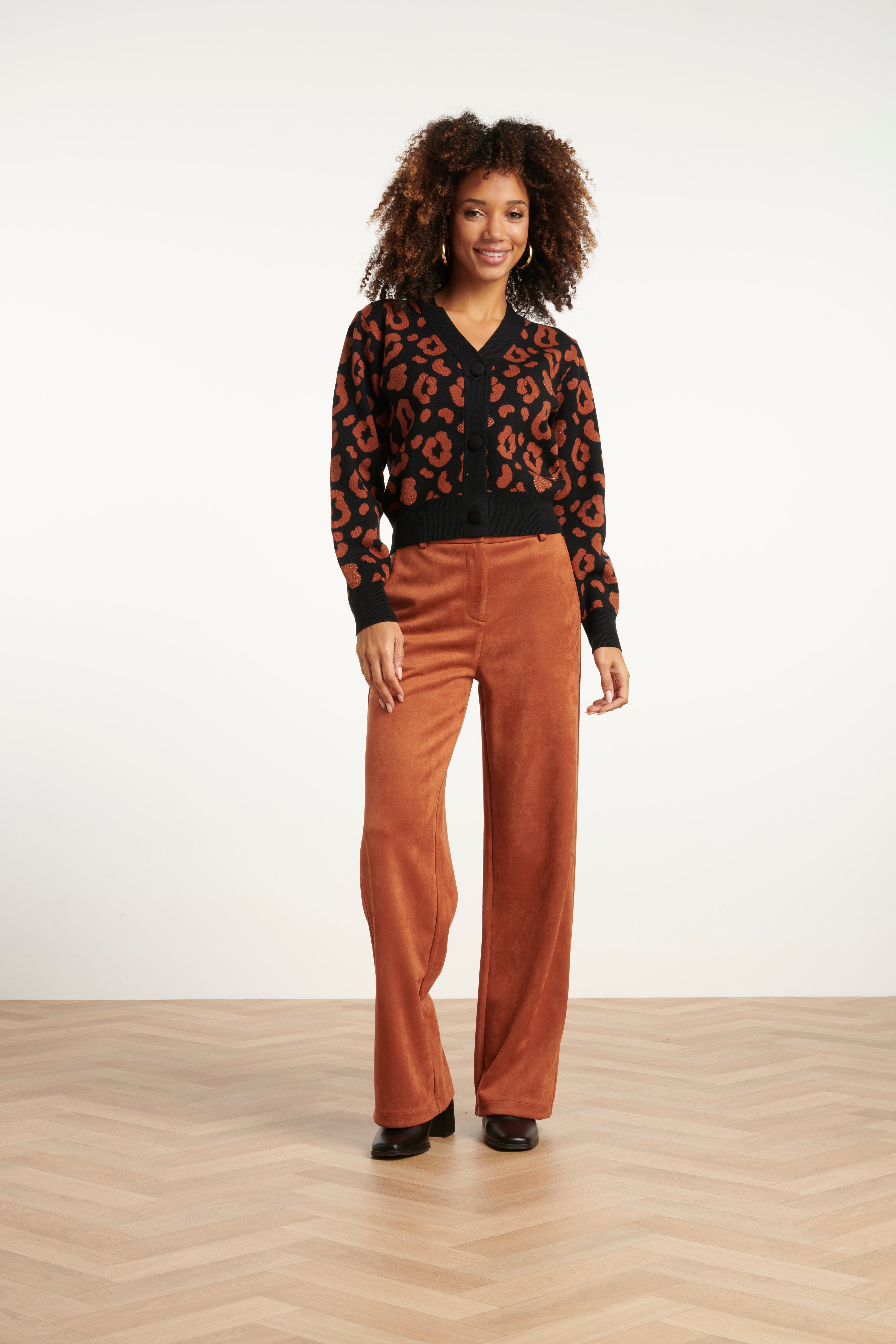 Smashed Lemon button-up knit cardigan in black with cognac leopard print, long sleeves and V-neck, front view