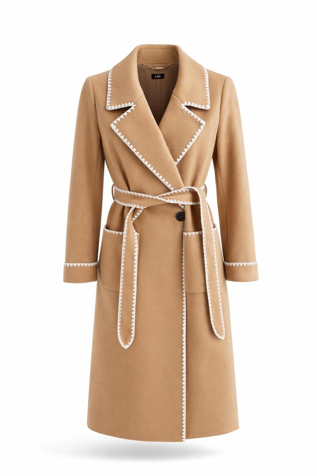 Smashed Lemon camel belted coat with contrast trim front view