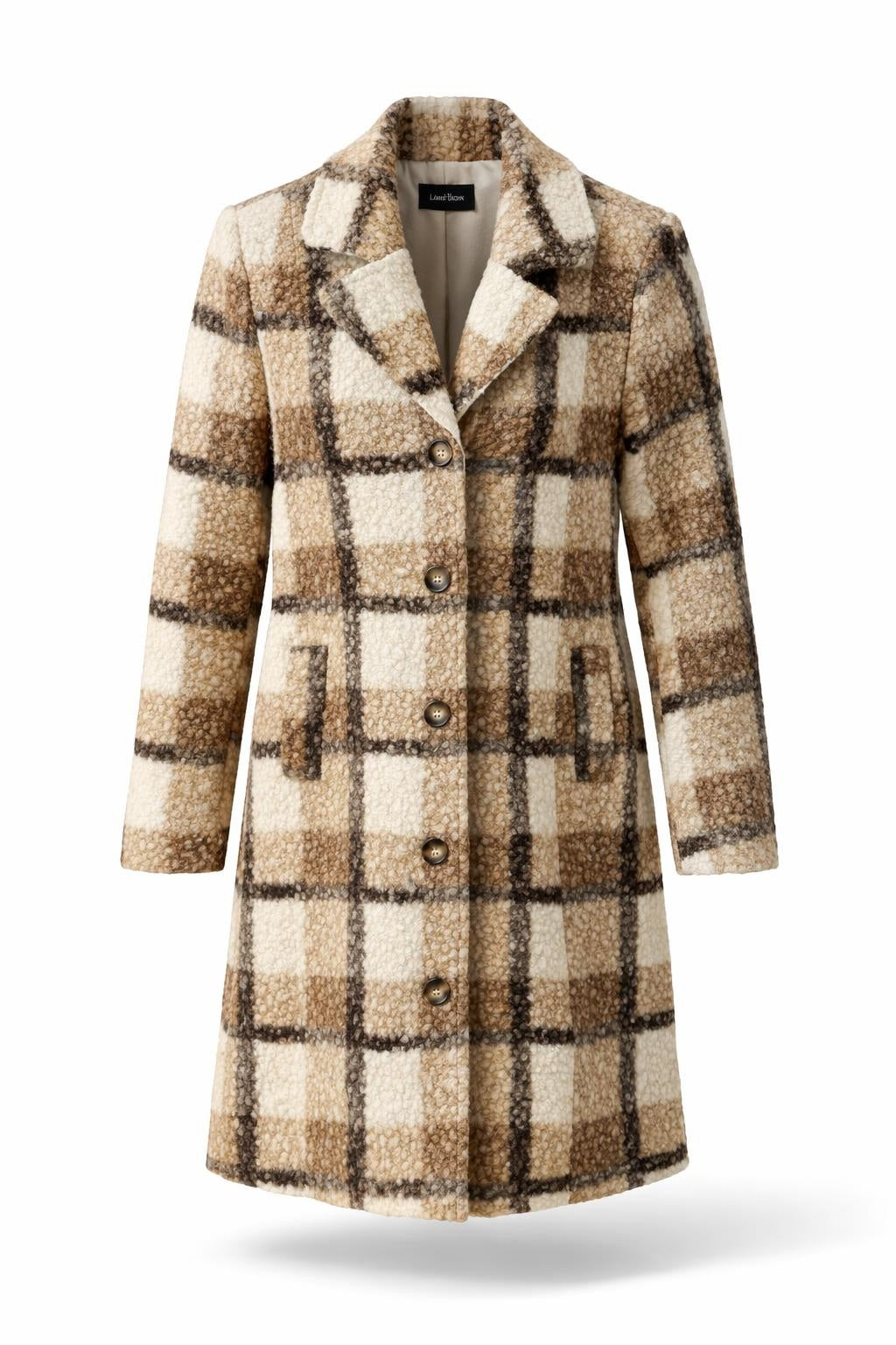 Smashed Lemon camel and off white check coat front view