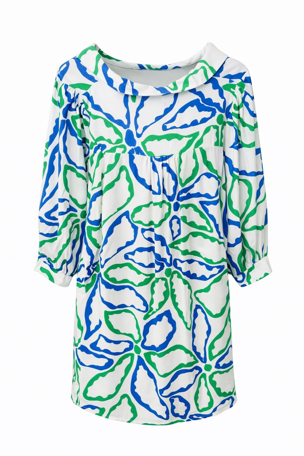 Smashed Lemon dress in cobalt blue and green print back view
