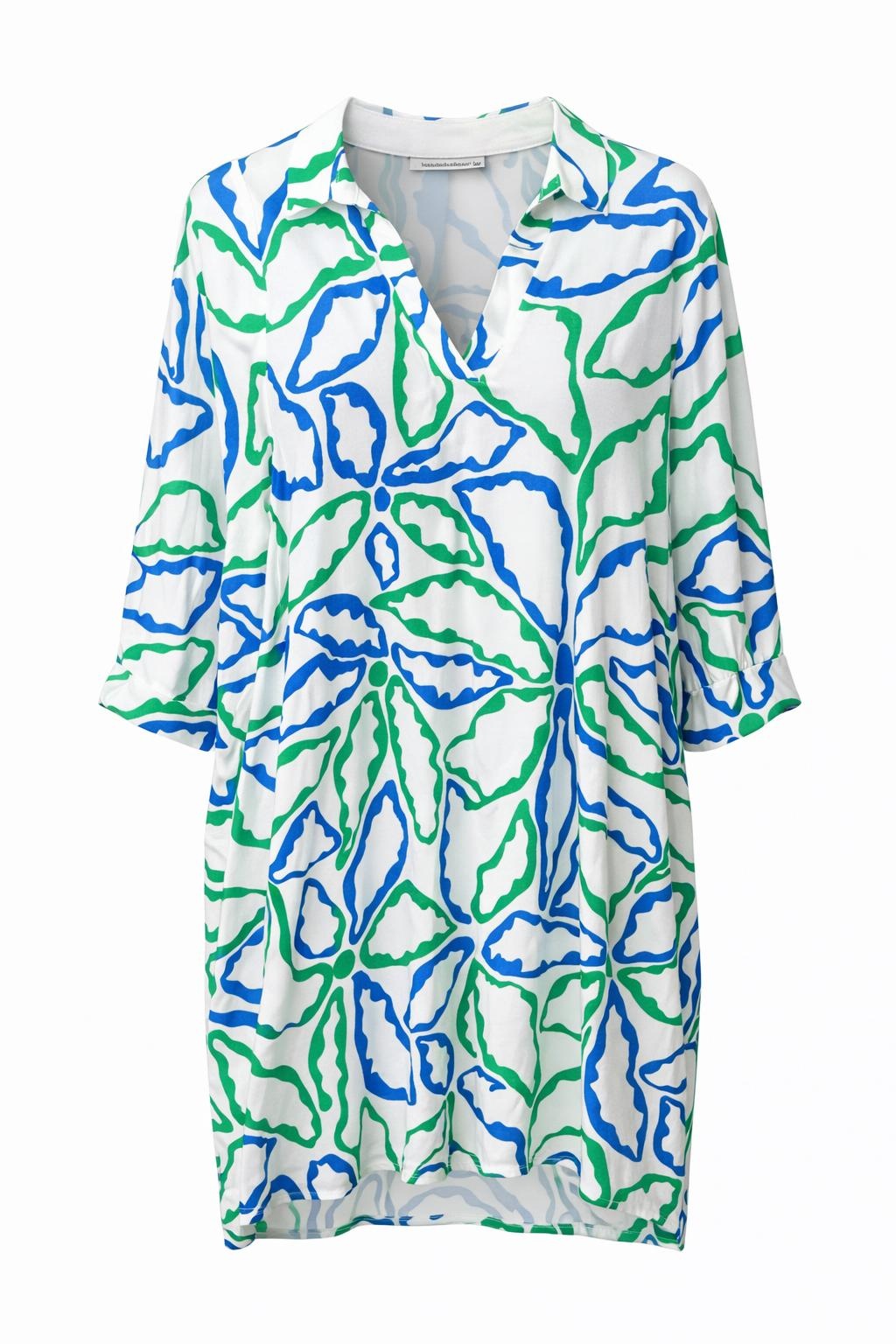 Smashed Lemon dress in cobalt blue and green abstract print front view