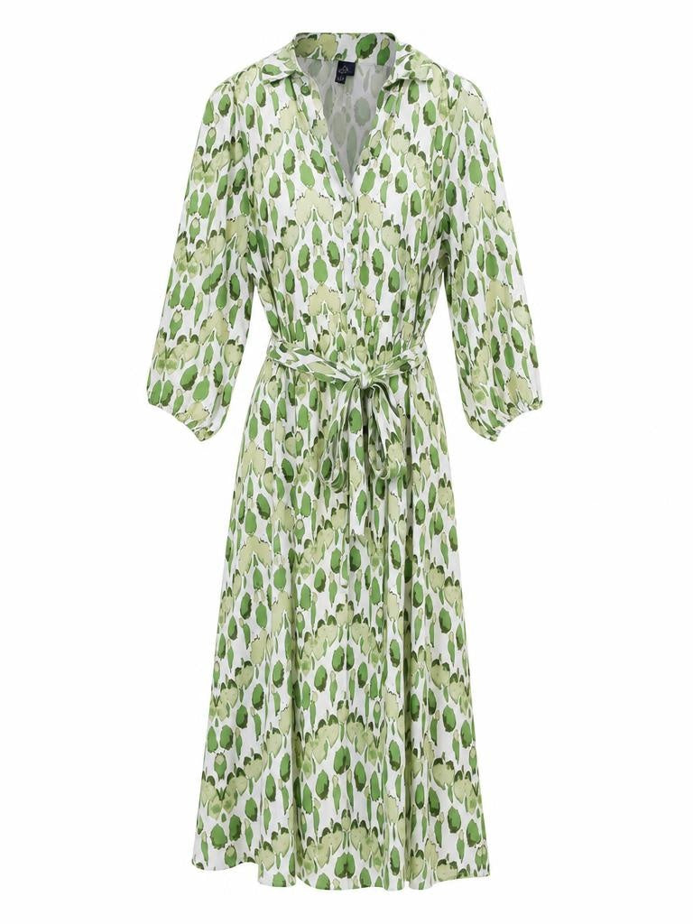 Smashed Lemon white and light green printed midi dress with tie waist and blouson sleeves