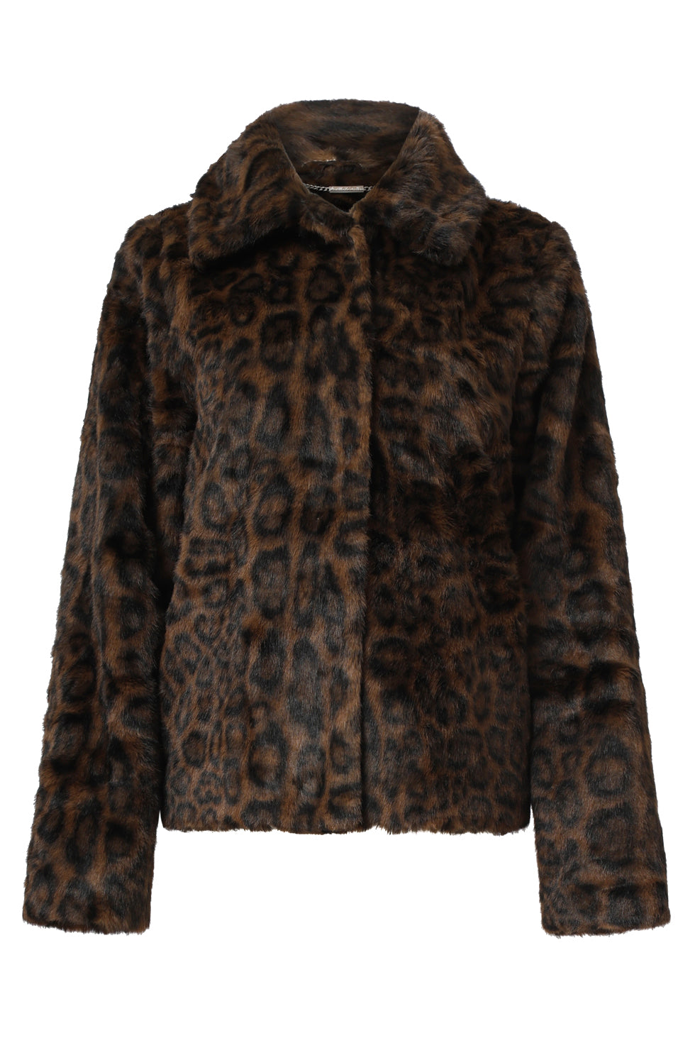 Smashed Lemon brown and black leopard print faux fur coat, hip-length with high collar, front view
