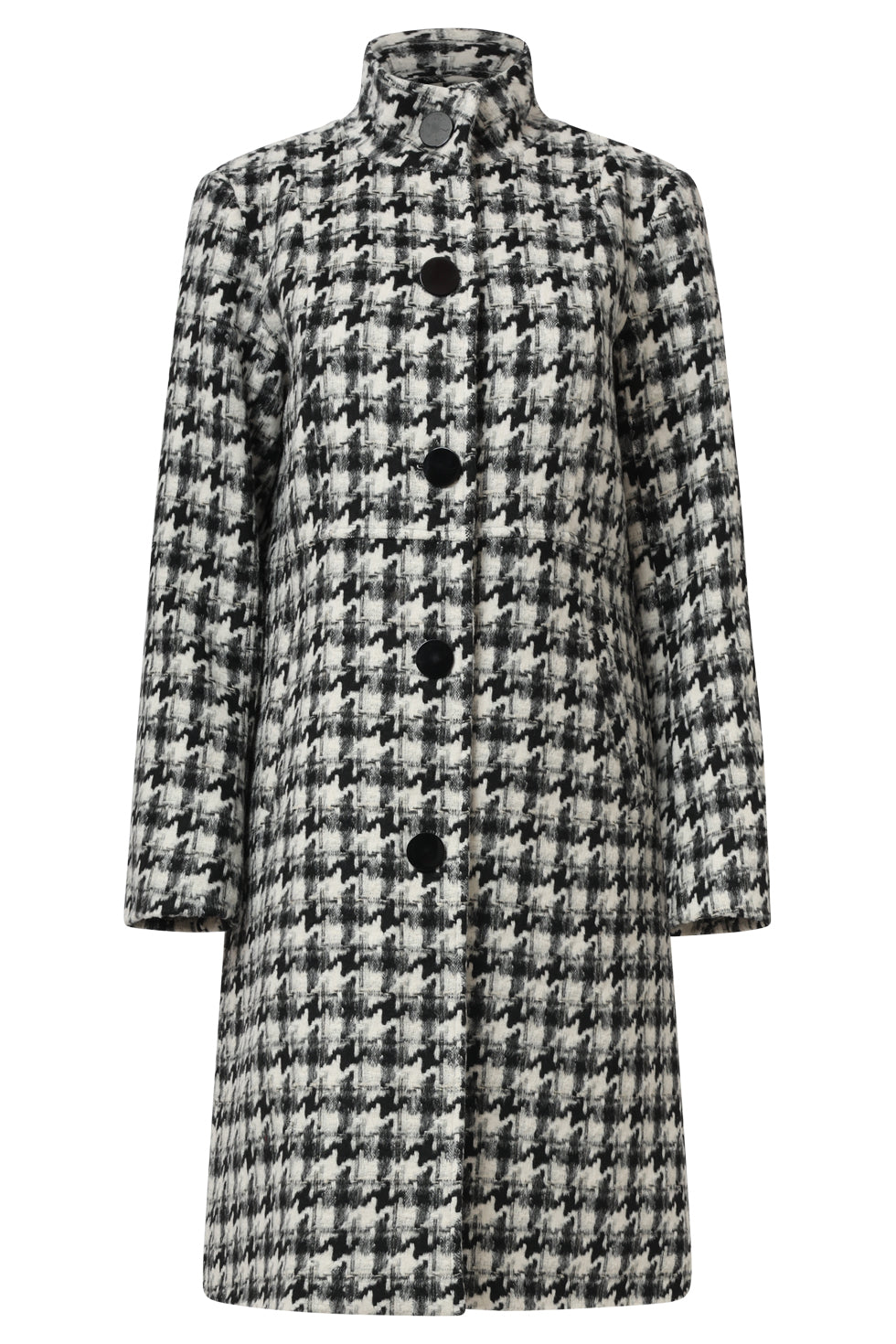 Smashed Lemon houndstooth coat in black and off-white, knee-length with button front and spread collar, front view