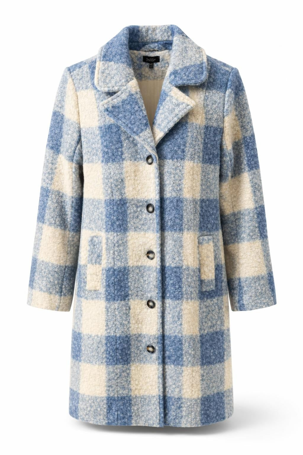 Smashed Lemon light blue and off white check coat front view