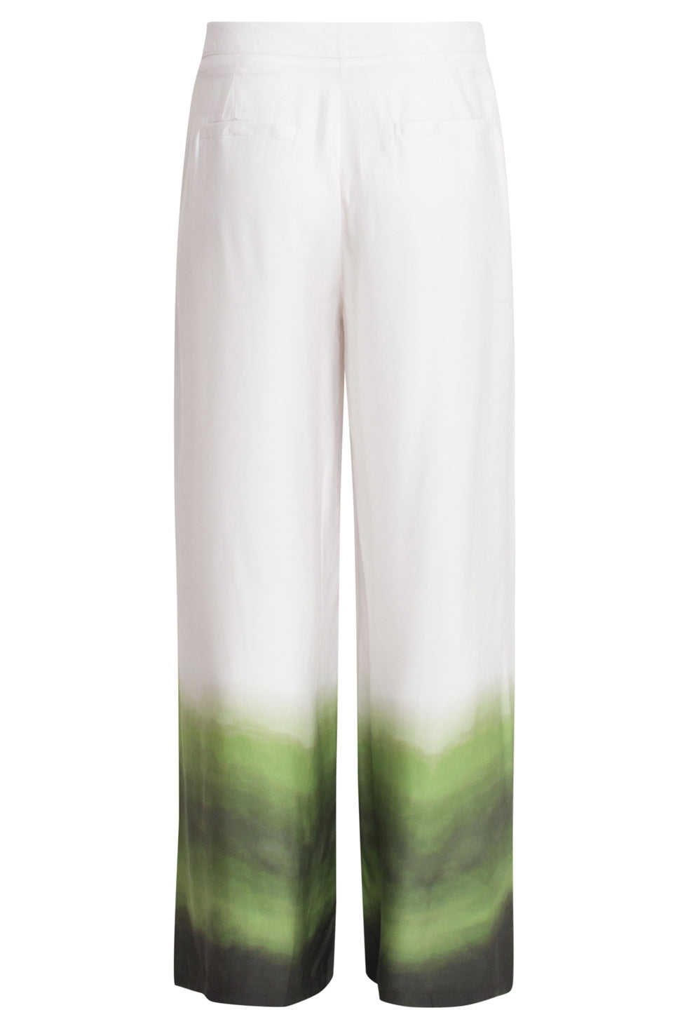 Back view of Smashed Lemon ombre satin trousers in off white and green