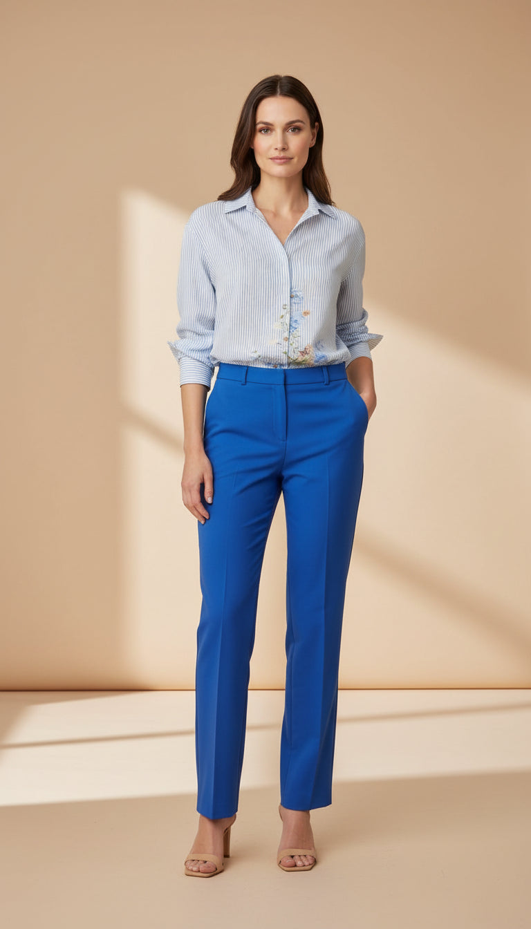 Model wearing Smashed Lemon cobalt blue tailored pants