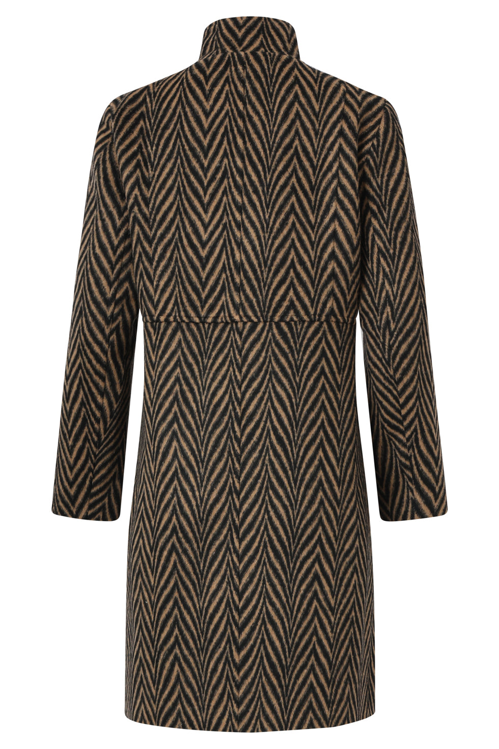Smashed Lemon printed coat in black and camel chevron, knee-length with high collar, back view