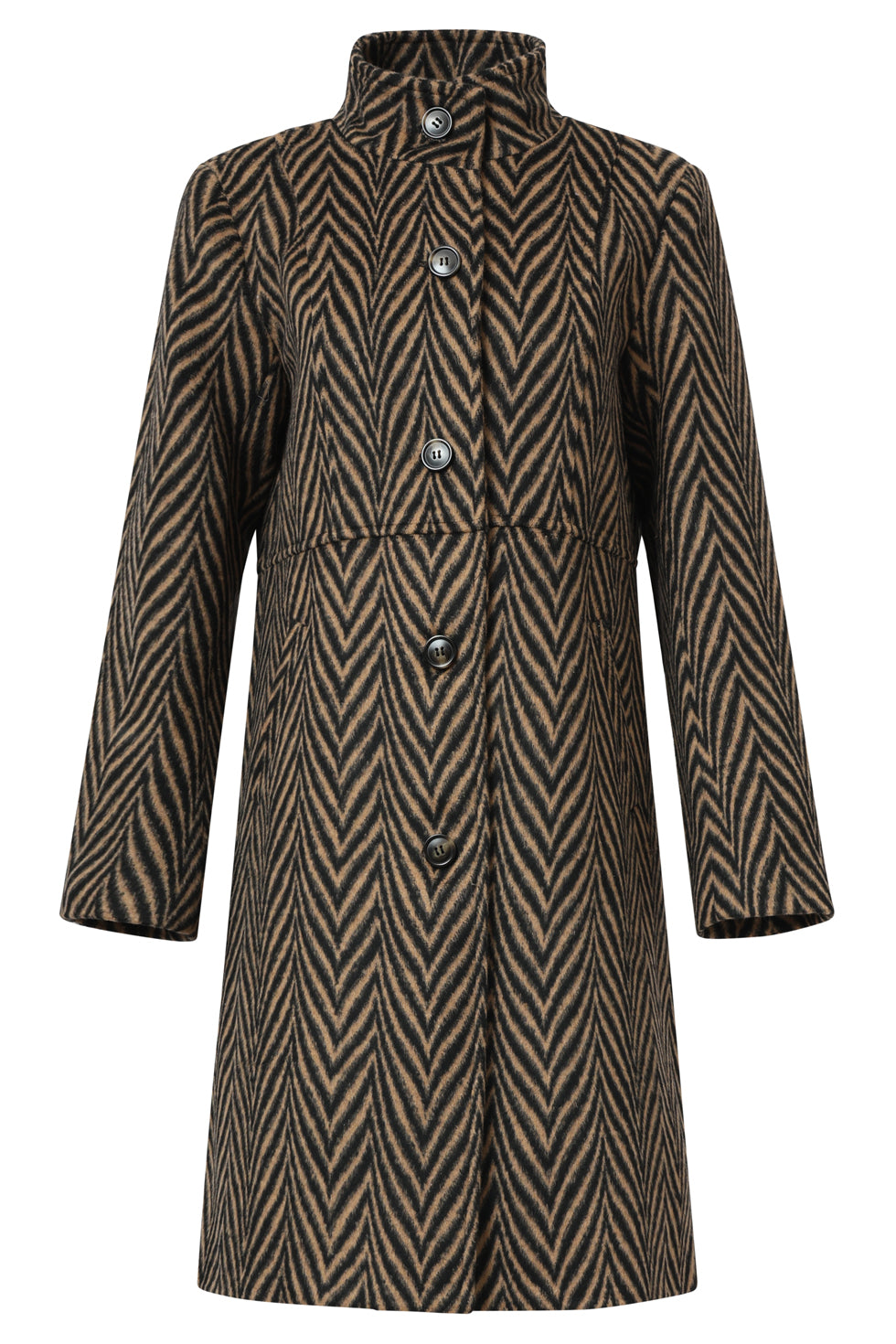 Smashed Lemon printed coat in black and camel chevron, knee-length with high collar and button front, front view