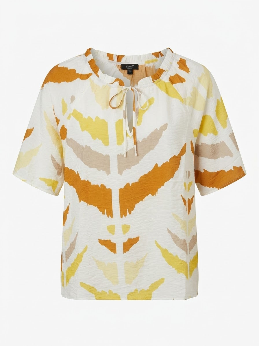 Smashed Lemon printed tie-neck top in white and yellow with short sleeves, front view