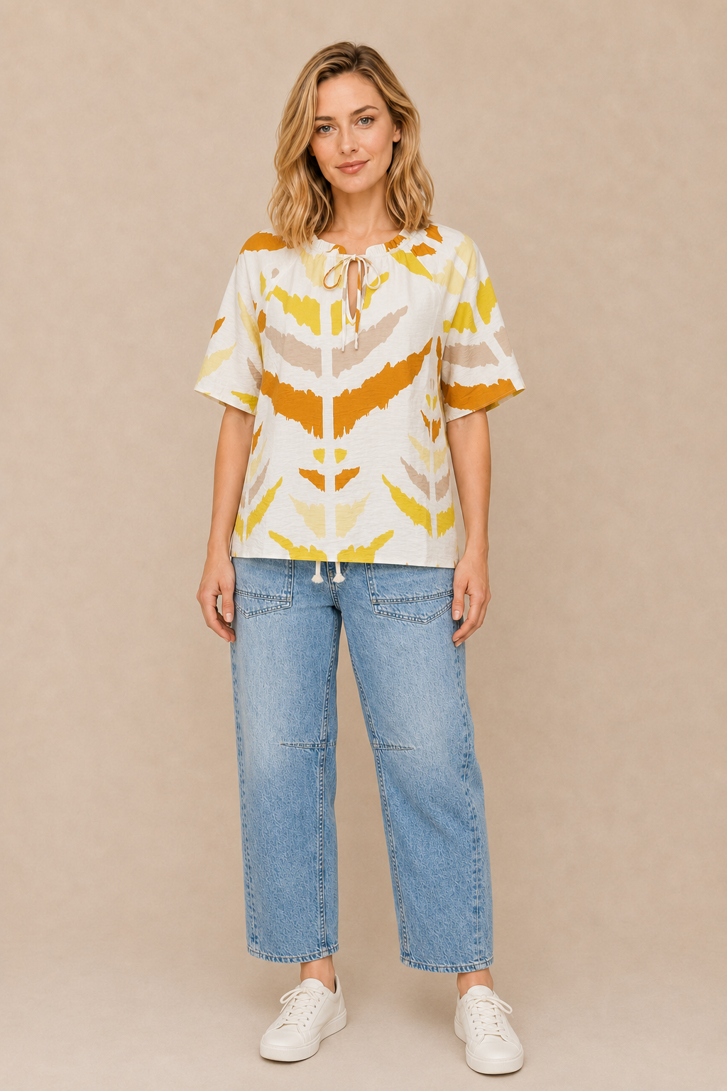Smashed Lemon printed tie-neck top in white and yellow featuring short sleeves and relaxed fit