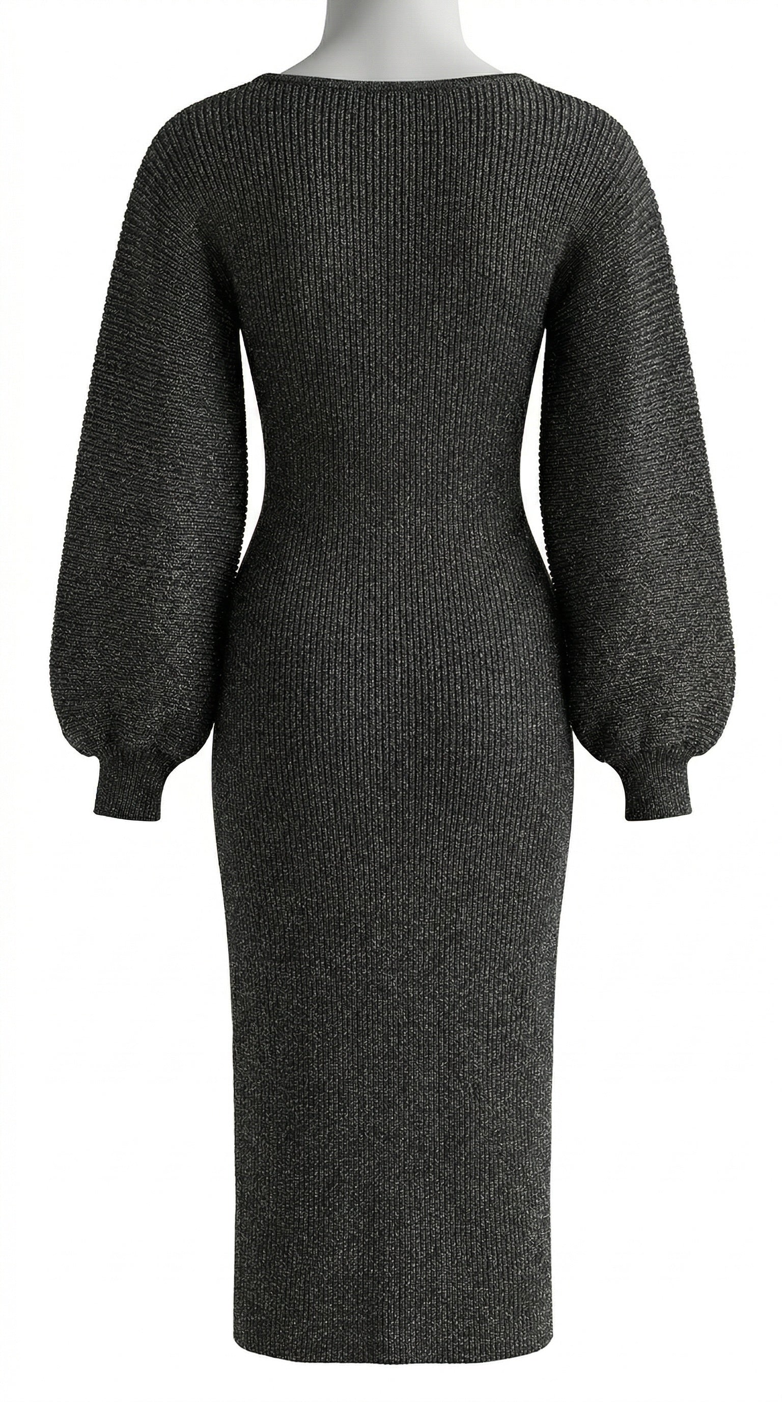 Smashed Lemon ribbed knit dress in black lurex with subtle shimmer, fitted midi silhouette, long puff sleeves, back view