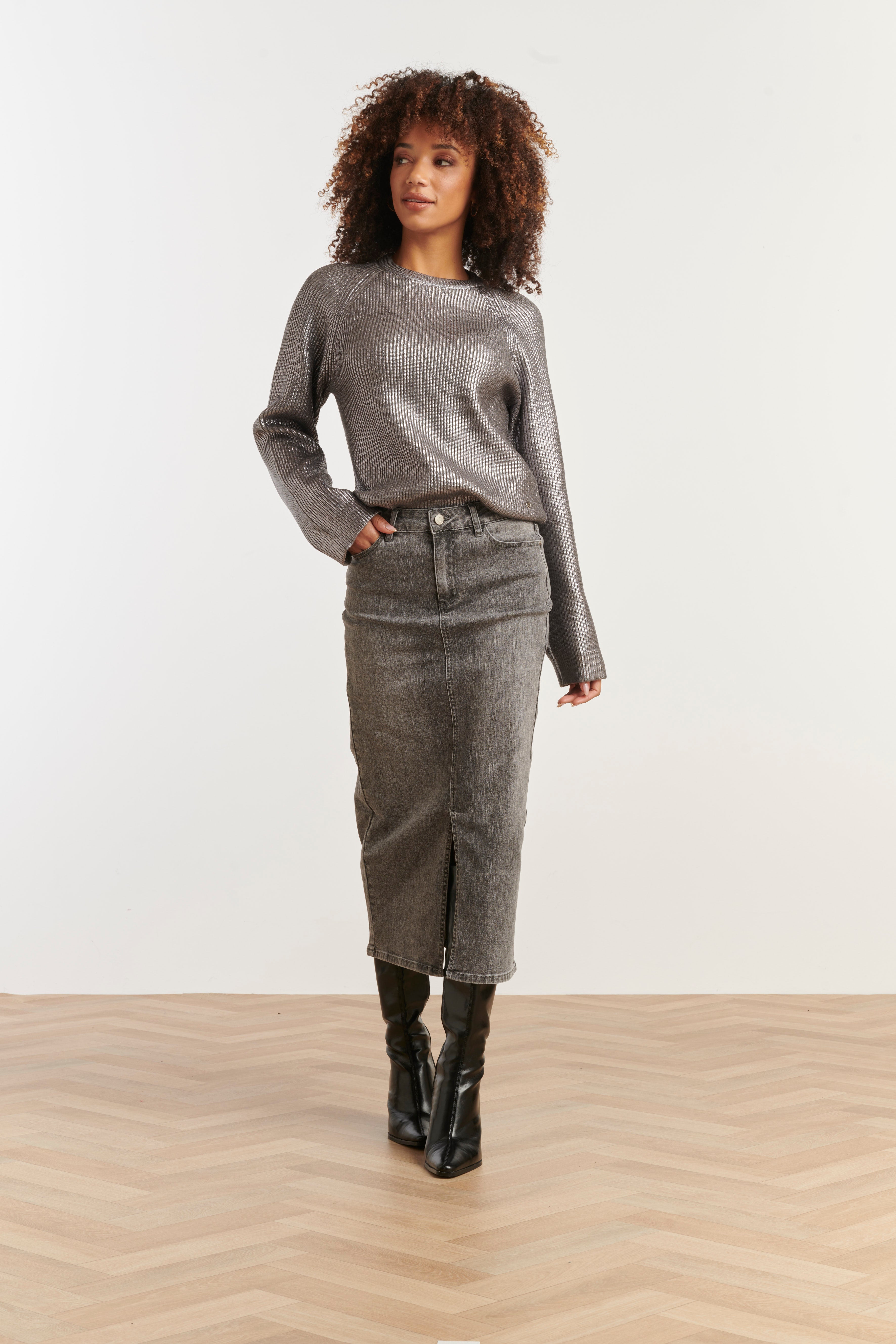 Smashed Lemon ribbed knit top in silver with metallic shimmer, long sleeves and relaxed fit, front view