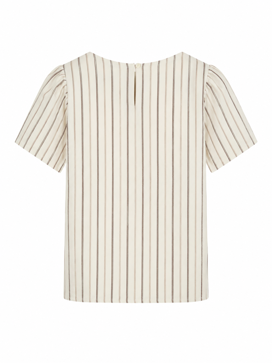 Smashed Lemon women's sand and brown striped short sleeve top with keyhole button closure, back view.
