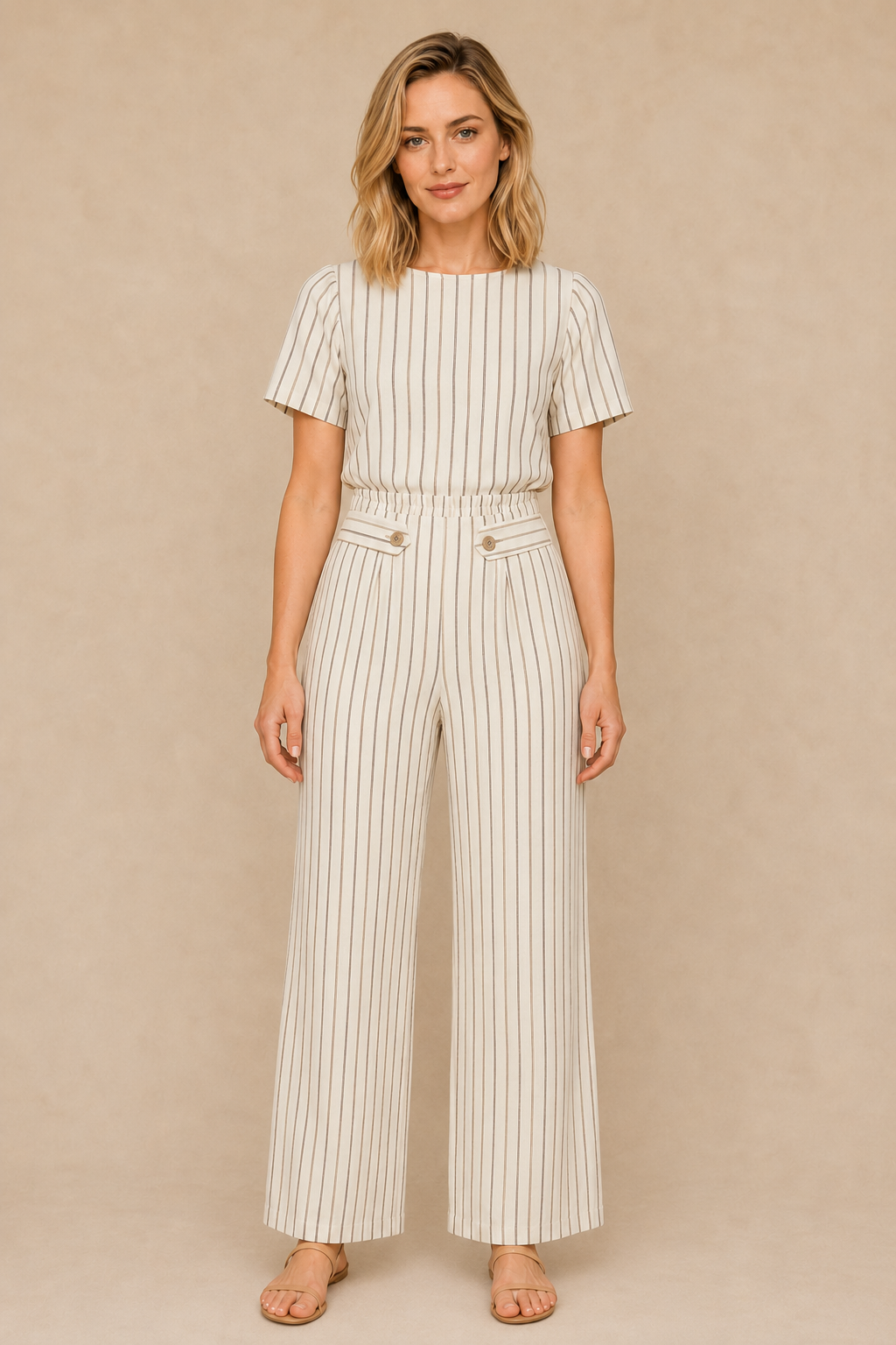 Smashed Lemon women's sand and brown striped wide-leg pants with elasticated waist and button pocket details, model front view.