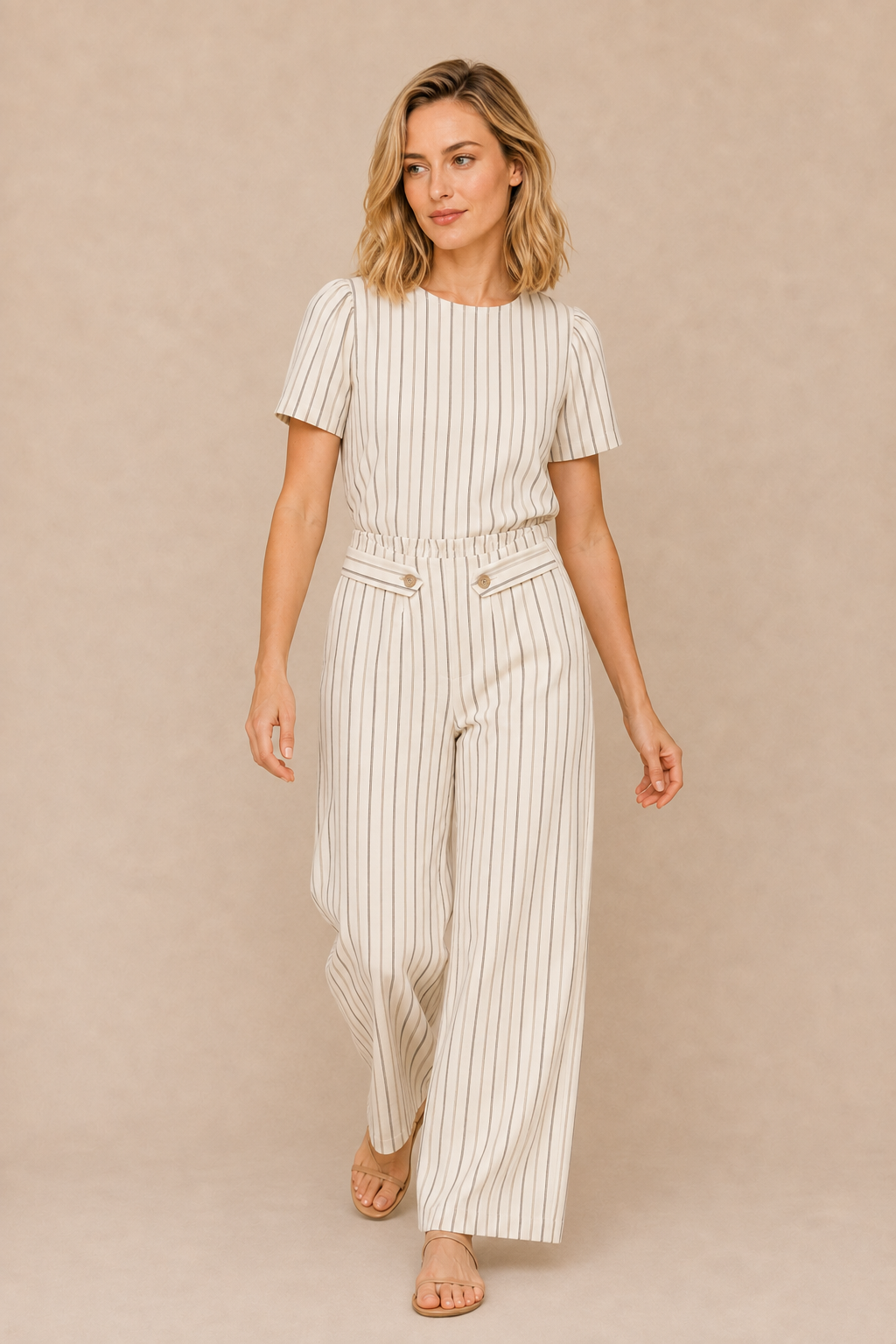 Smashed Lemon women's sand and brown striped wide-leg pants styled with matching striped top, model movement view.