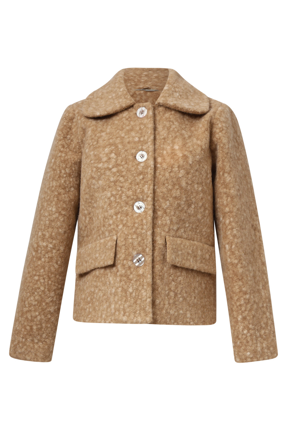 Smashed Lemon short textured coat in camel, cropped boucle jacket with button front, notched collar and flap pockets, front view