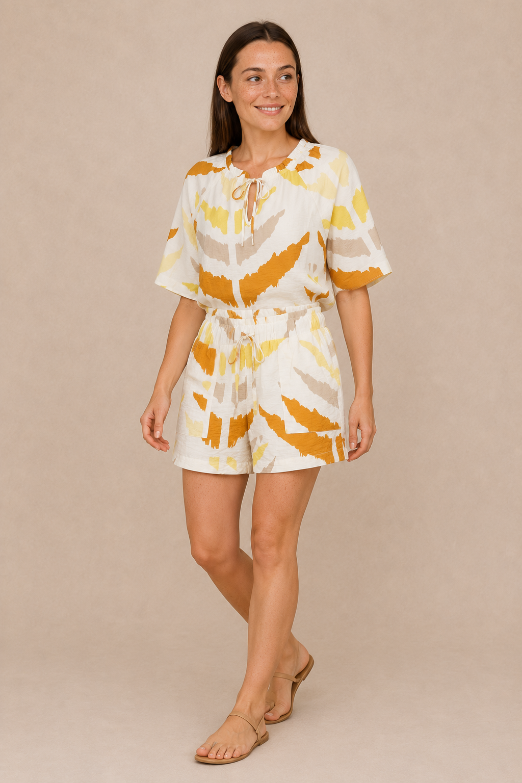 Smashed Lemon printed tie-neck top in white and yellow styled with matching printed shorts