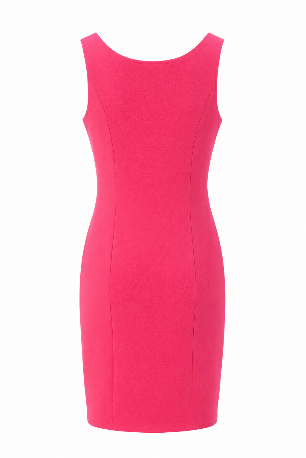 Back view of the Smashed Lemon Sleeveless Fitted Dress in vibrant red and pink featuring a tailored silhouette, scoop neckline and flattering sleeveless design.