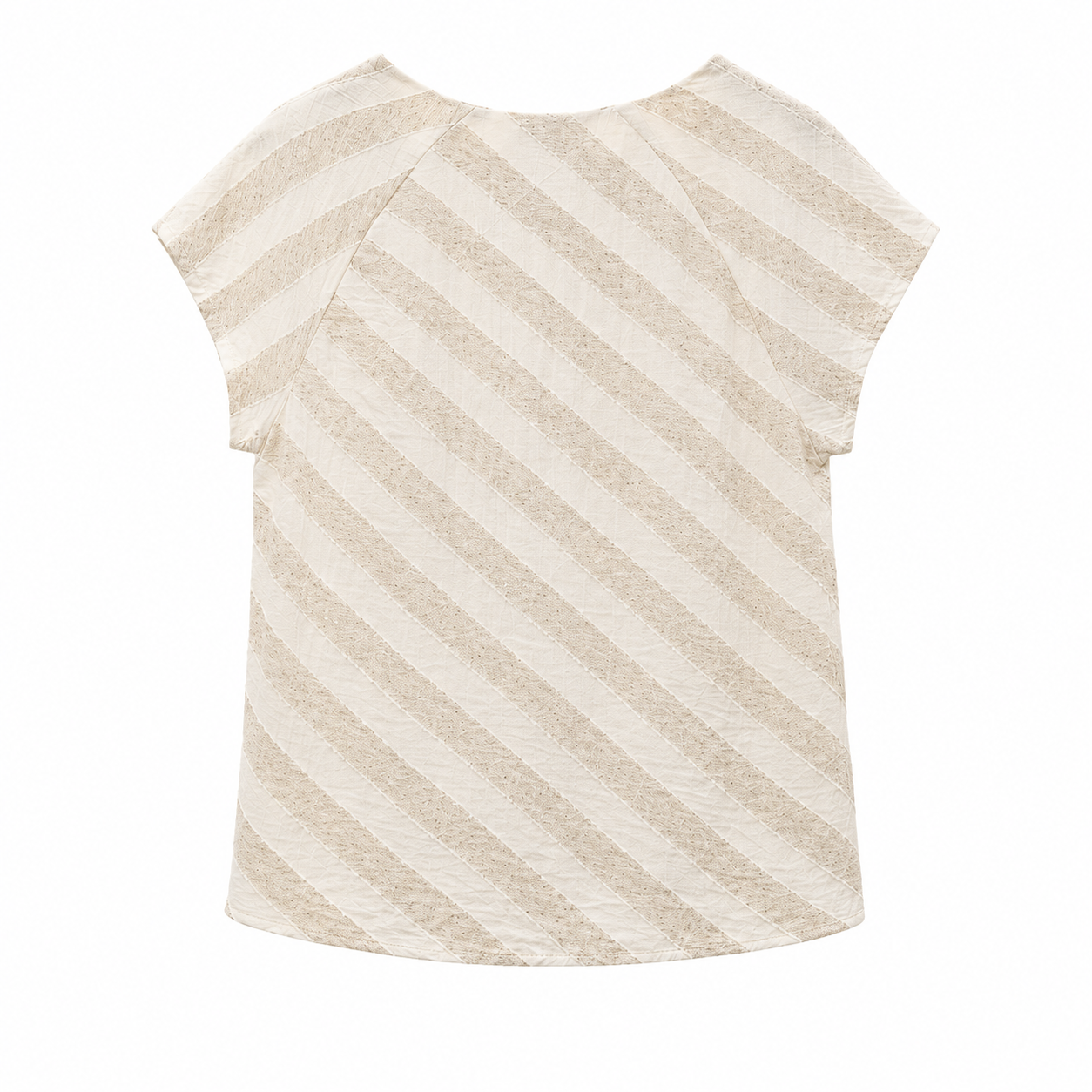 Smashed Lemon striped V-neck top in sand and dark sand back view with diagonal textured stripes