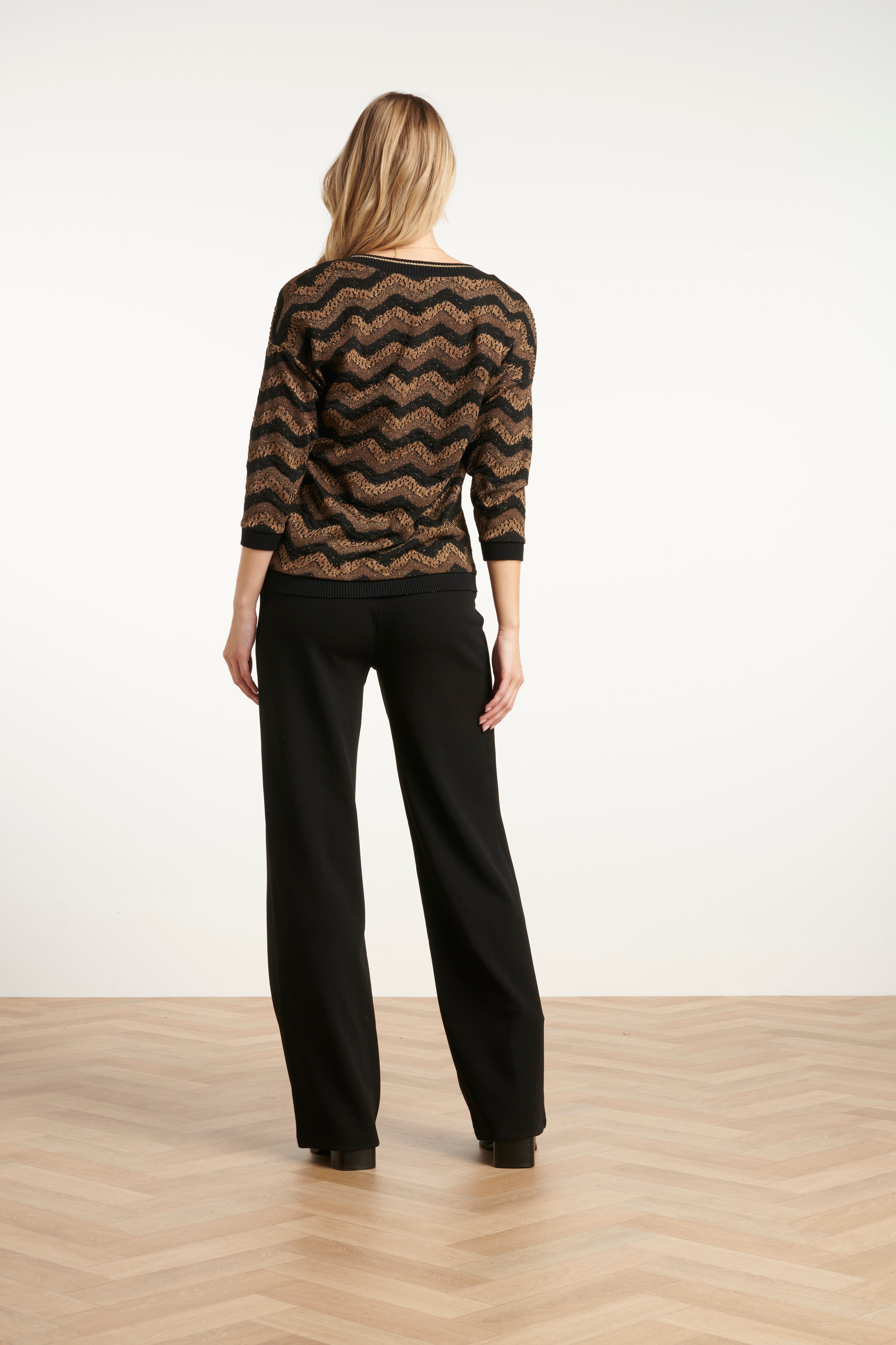 Smashed Lemon tailored pants in black with straight leg and clean waistband, back view