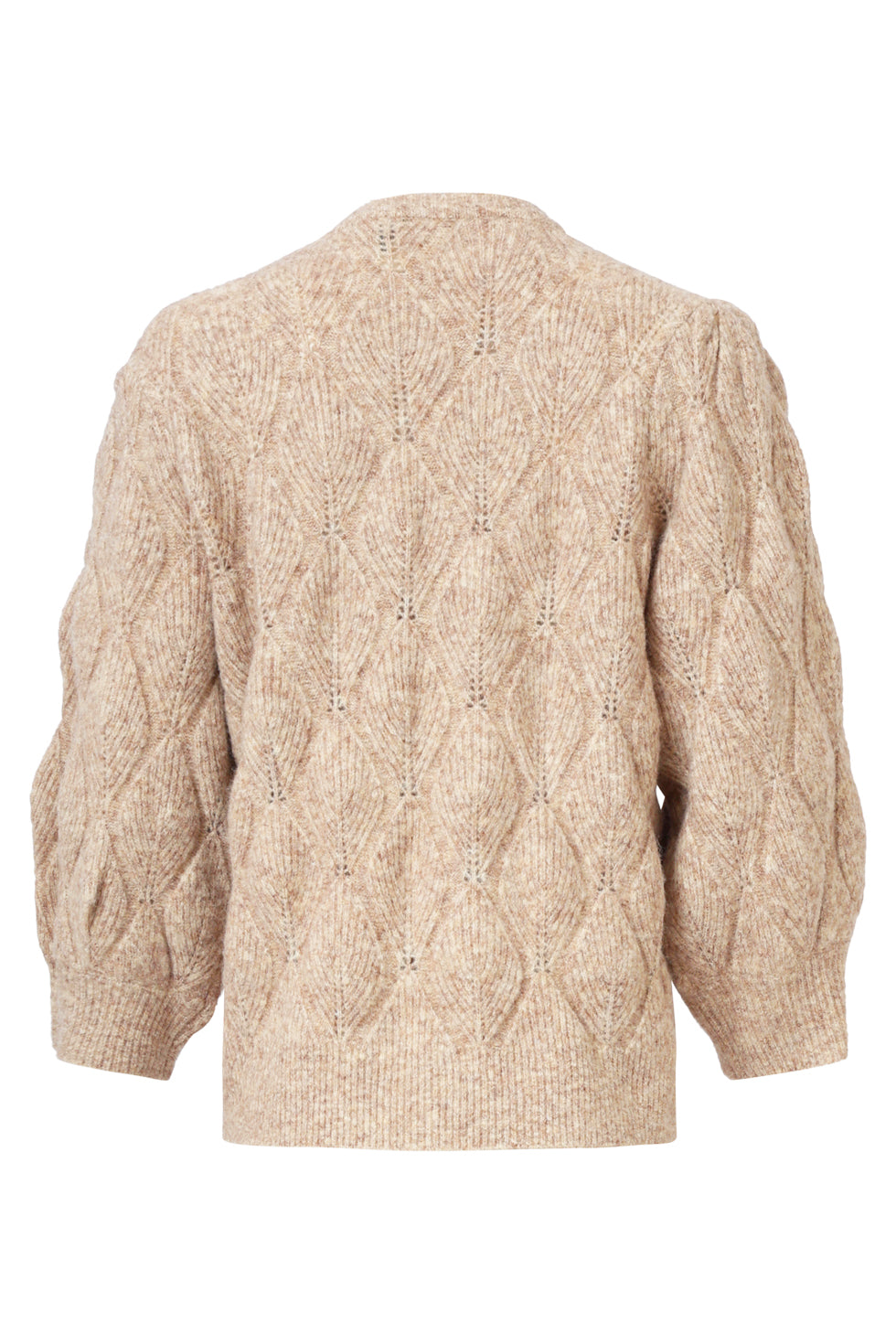 Smashed Lemon camel textured knit top with openwork pattern and voluminous sleeves