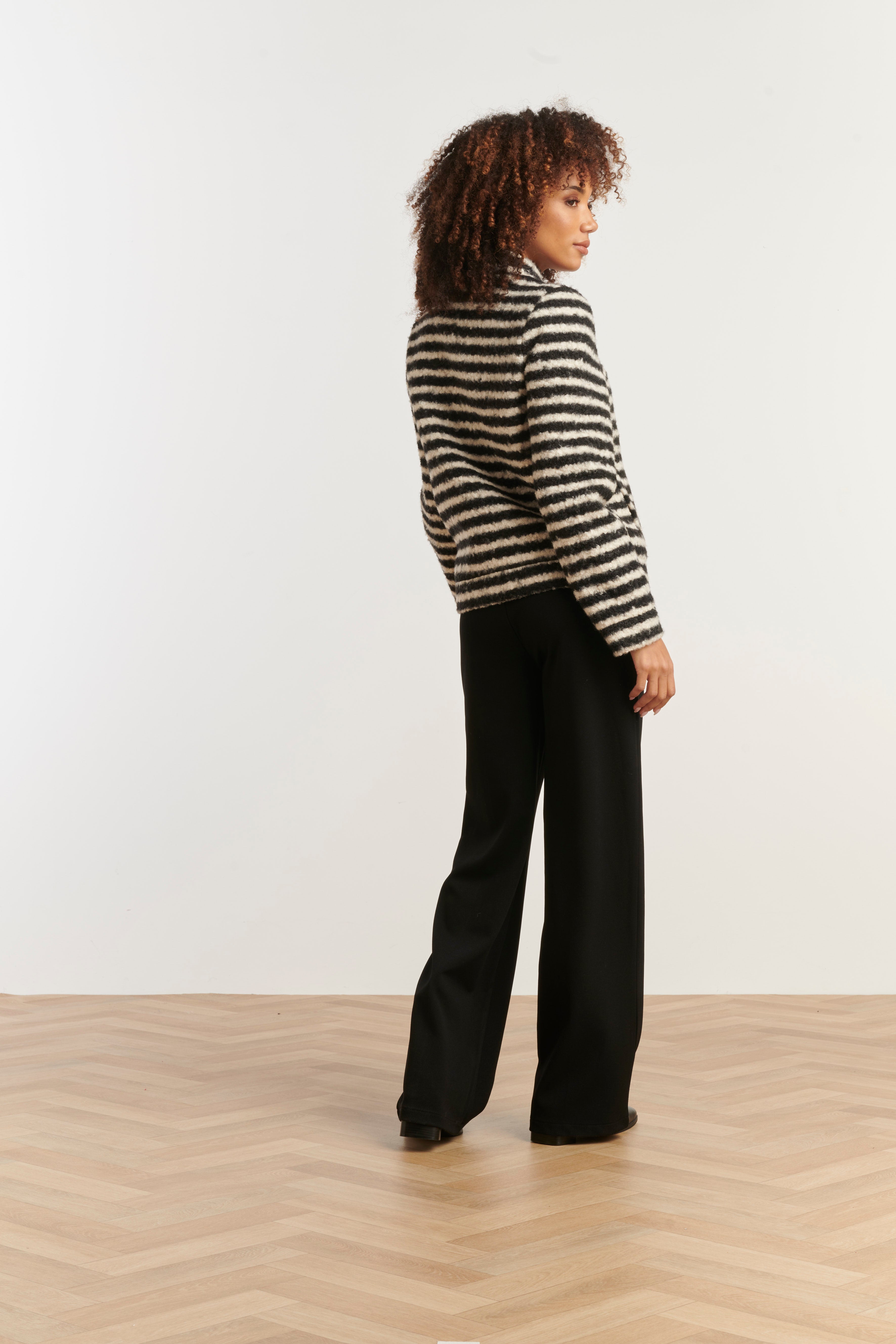 Smashed Lemon textured stripe coat in black and off-white, cropped boucle jacket with spread collar, side view