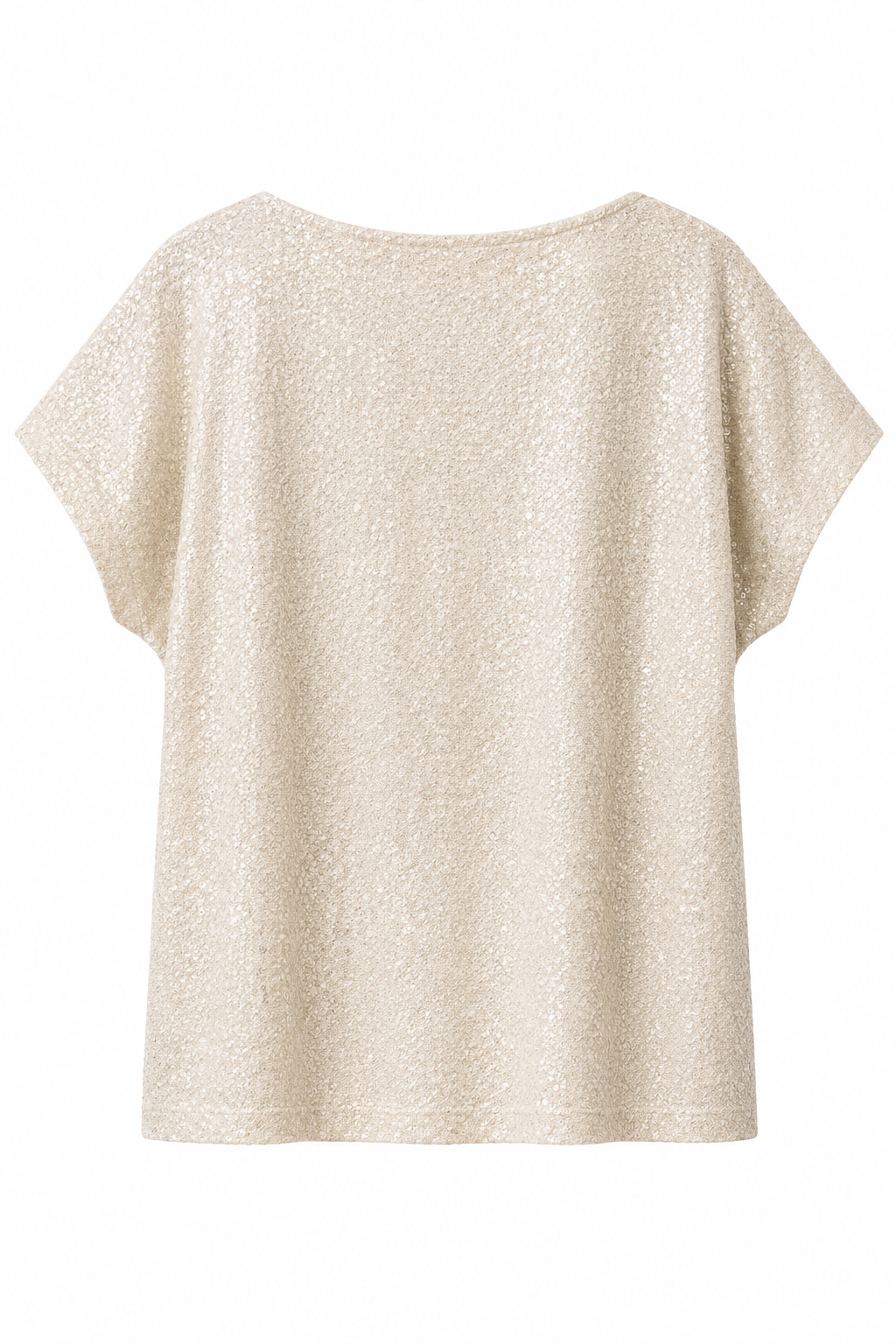 Back view of Smashed Lemon top in sand with short sleeves and all-over subtle sequin finish