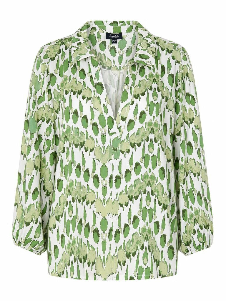 Smashed Lemon white and light green printed blouse with open collar neckline