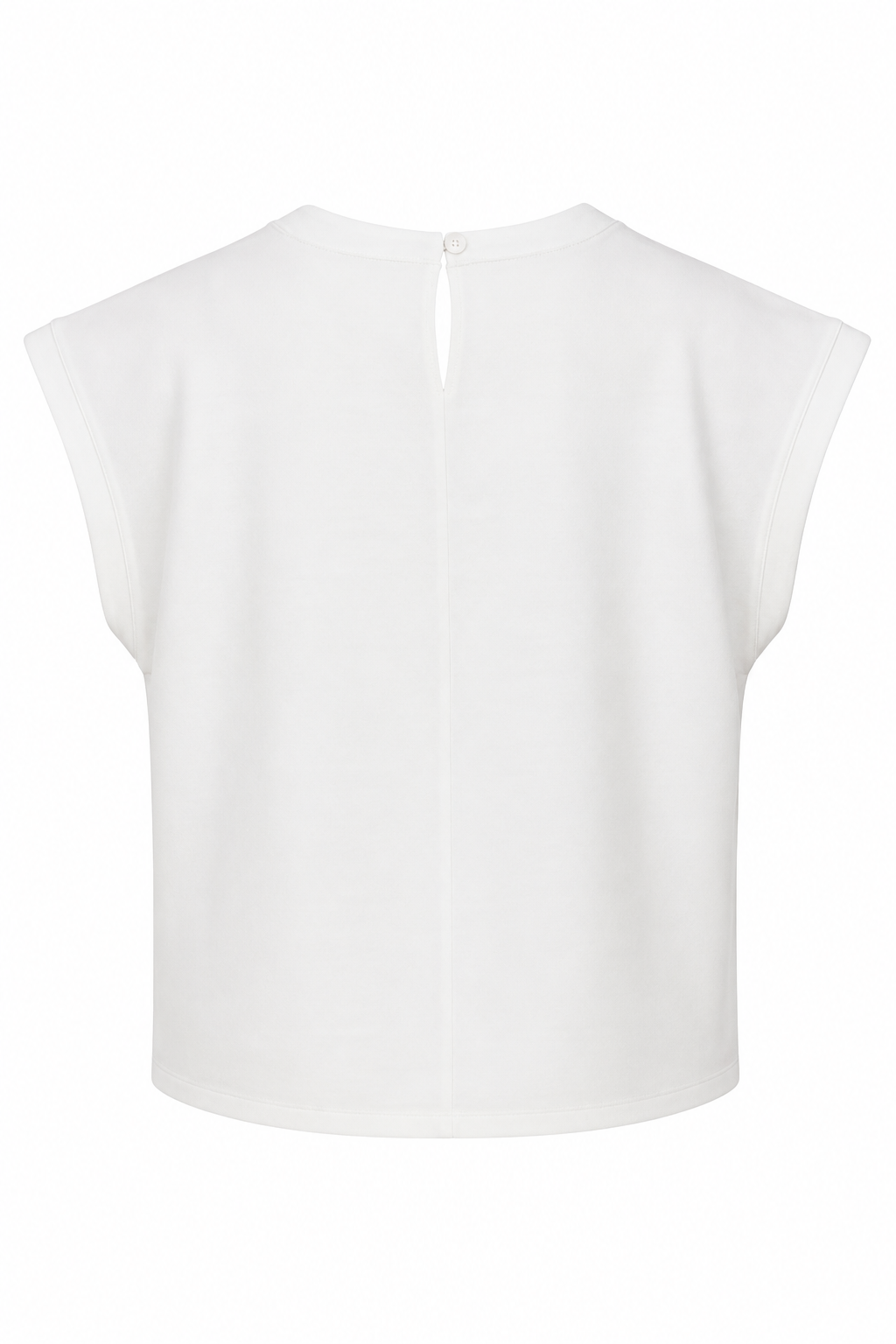 Smashed Lemon women's white structured top with keyhole button closure and clean back seam, back view.