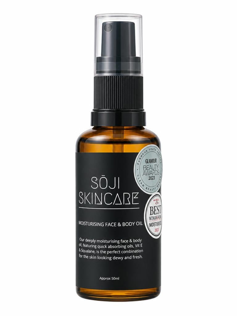 Soji moisturising face and body oil in amber glass bottle.