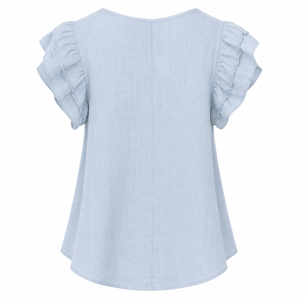 Suzy D ruffle sleeve top in light blue with layered flutter sleeves and a curved hem, back view.