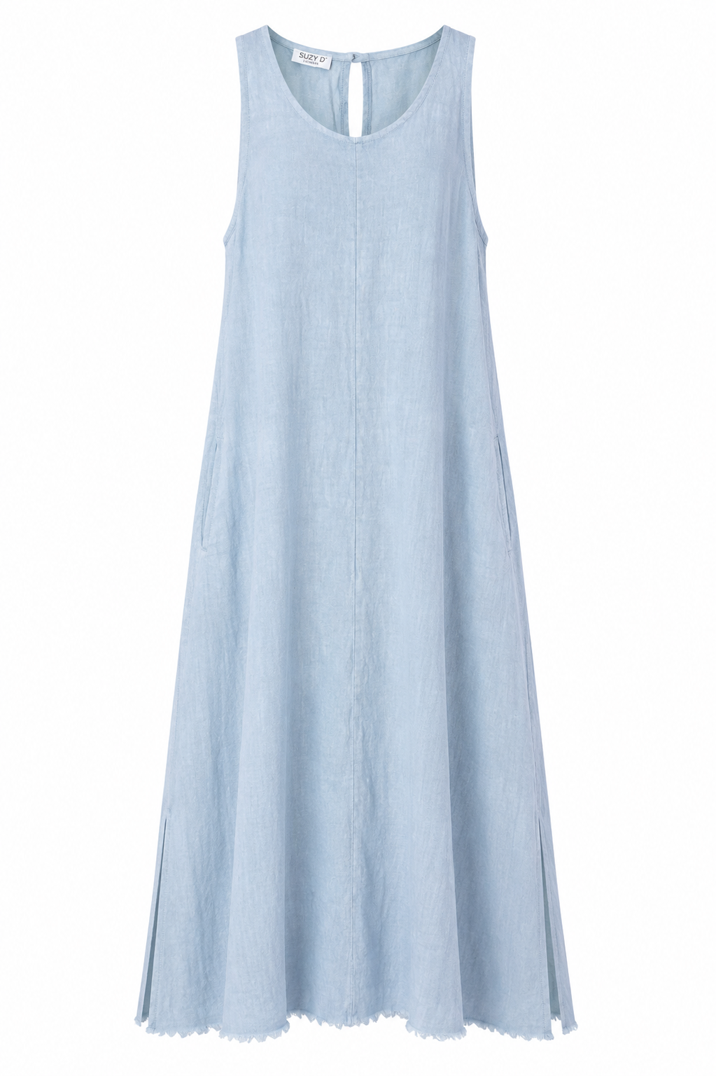 Suzy D sleeveless maxi dress in light blue with a scoop neckline, relaxed A-line shape and side pockets, front view.