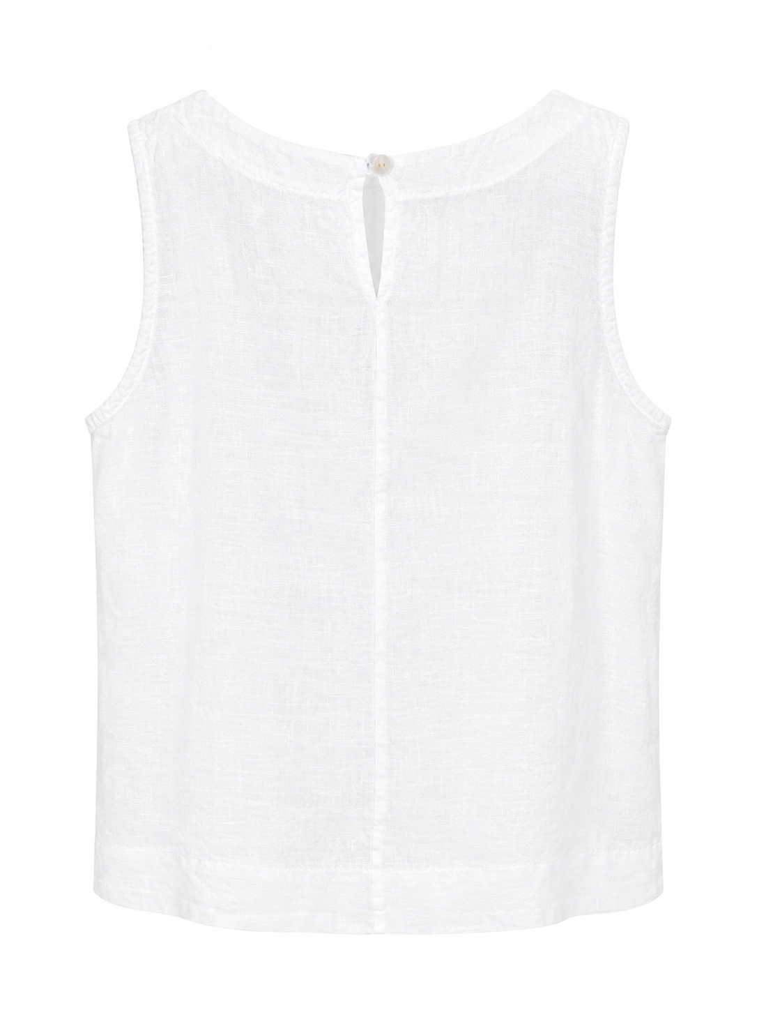 Suzy D Sylviana white linen sleeveless top with button keyhole closure, back view.