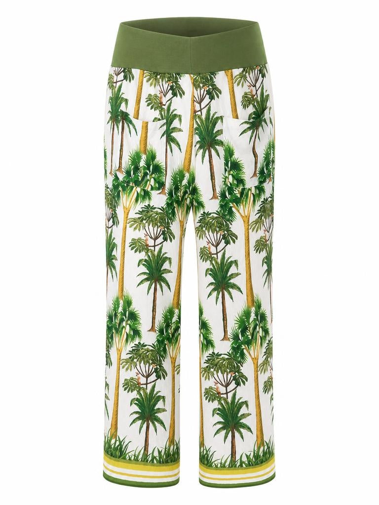 Threadz Amazon wide leg pant in green tropical palm print