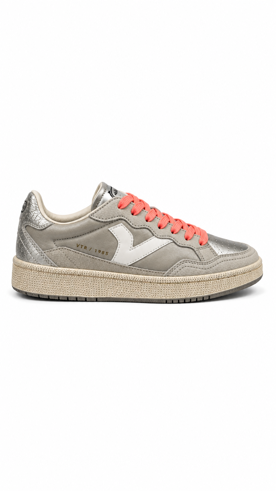 Victoria Shoes Smash Metal Glitter sneaker in silver with neon coral laces