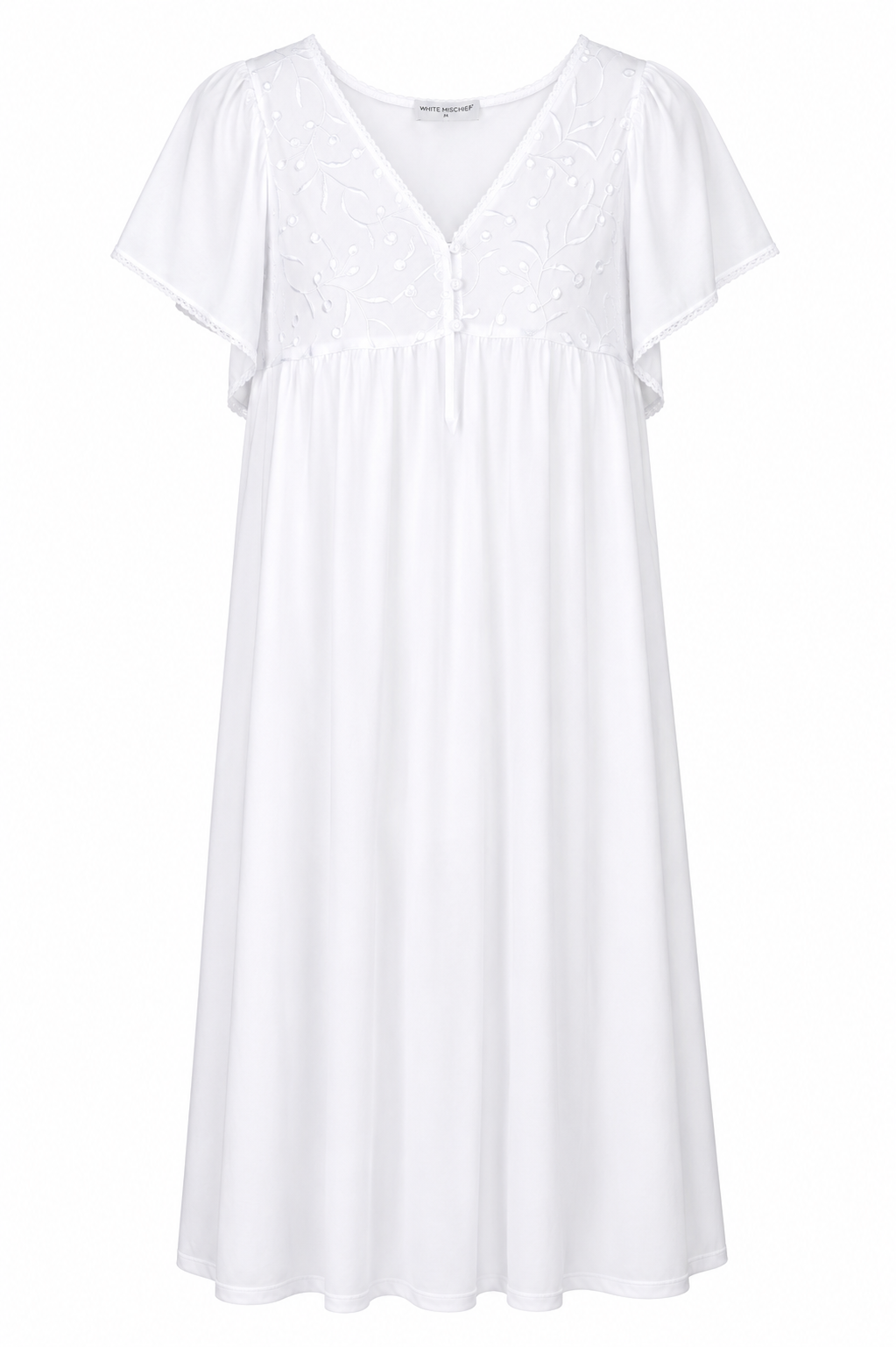 White Mischief white nightie with embroidered bodice detailing and flutter sleeves