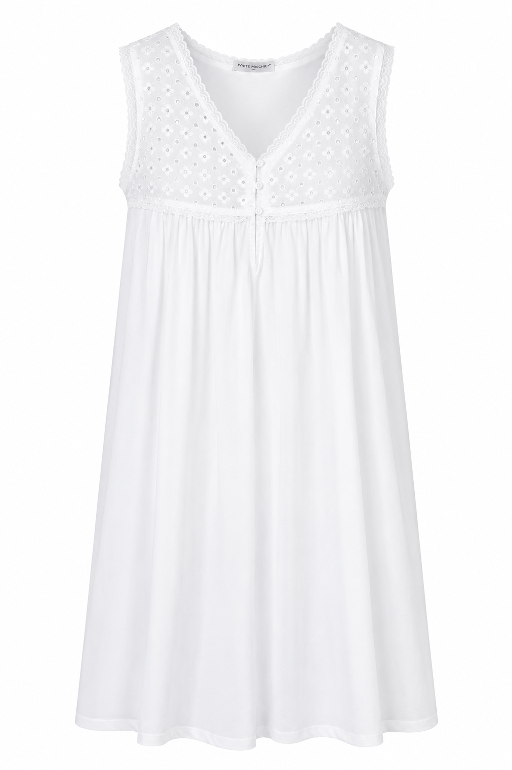 White Mischief white sleeveless nightie with embroidered lace bodice detailing