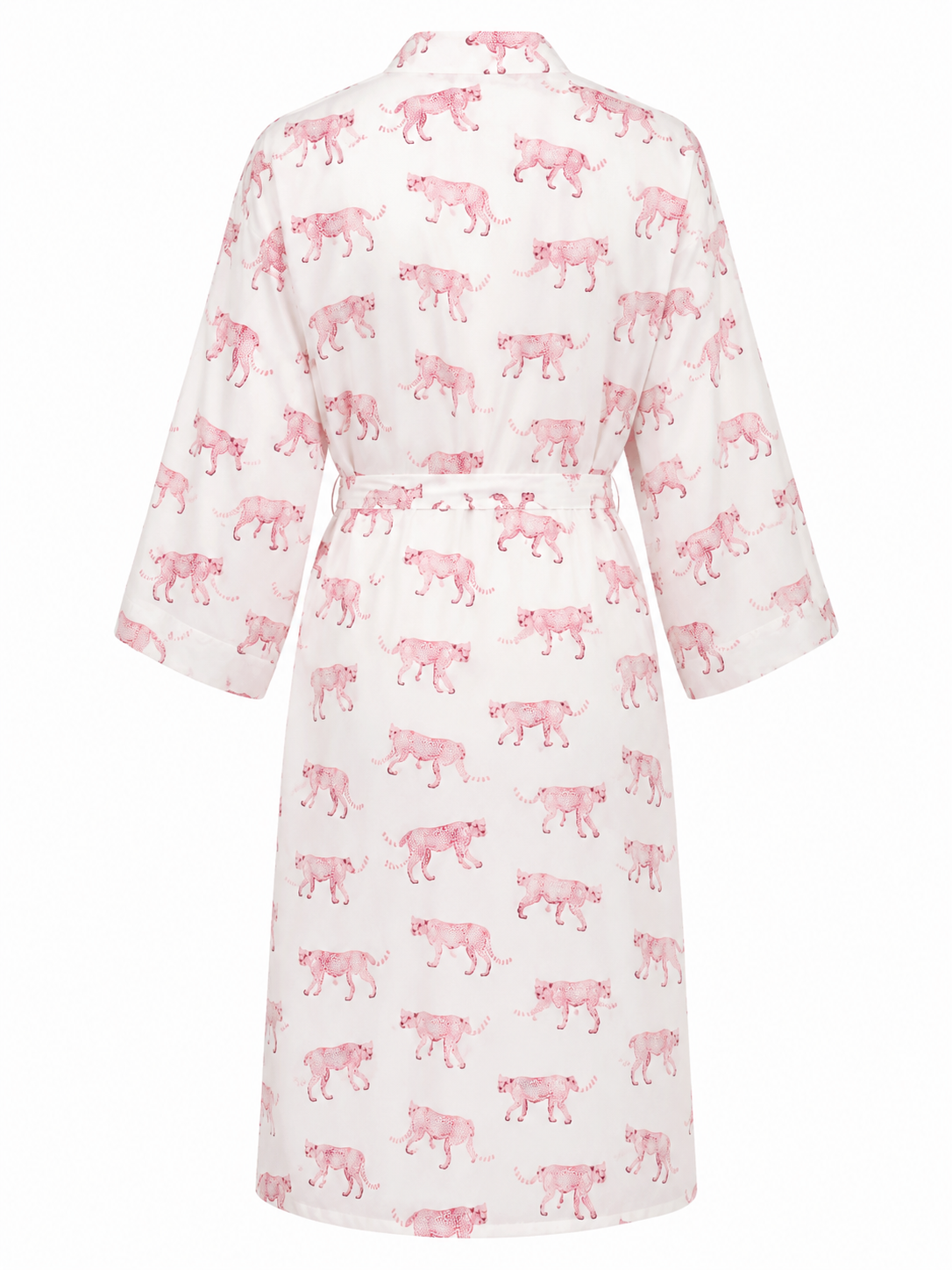 Woodstock Laundry poplin kimono in white with pink cheetah print