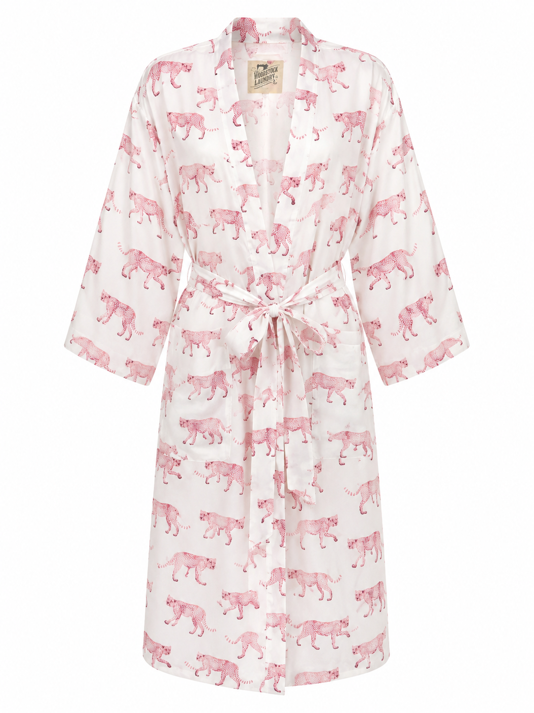 Woodstock Laundry poplin kimono in white with pink cheetah print