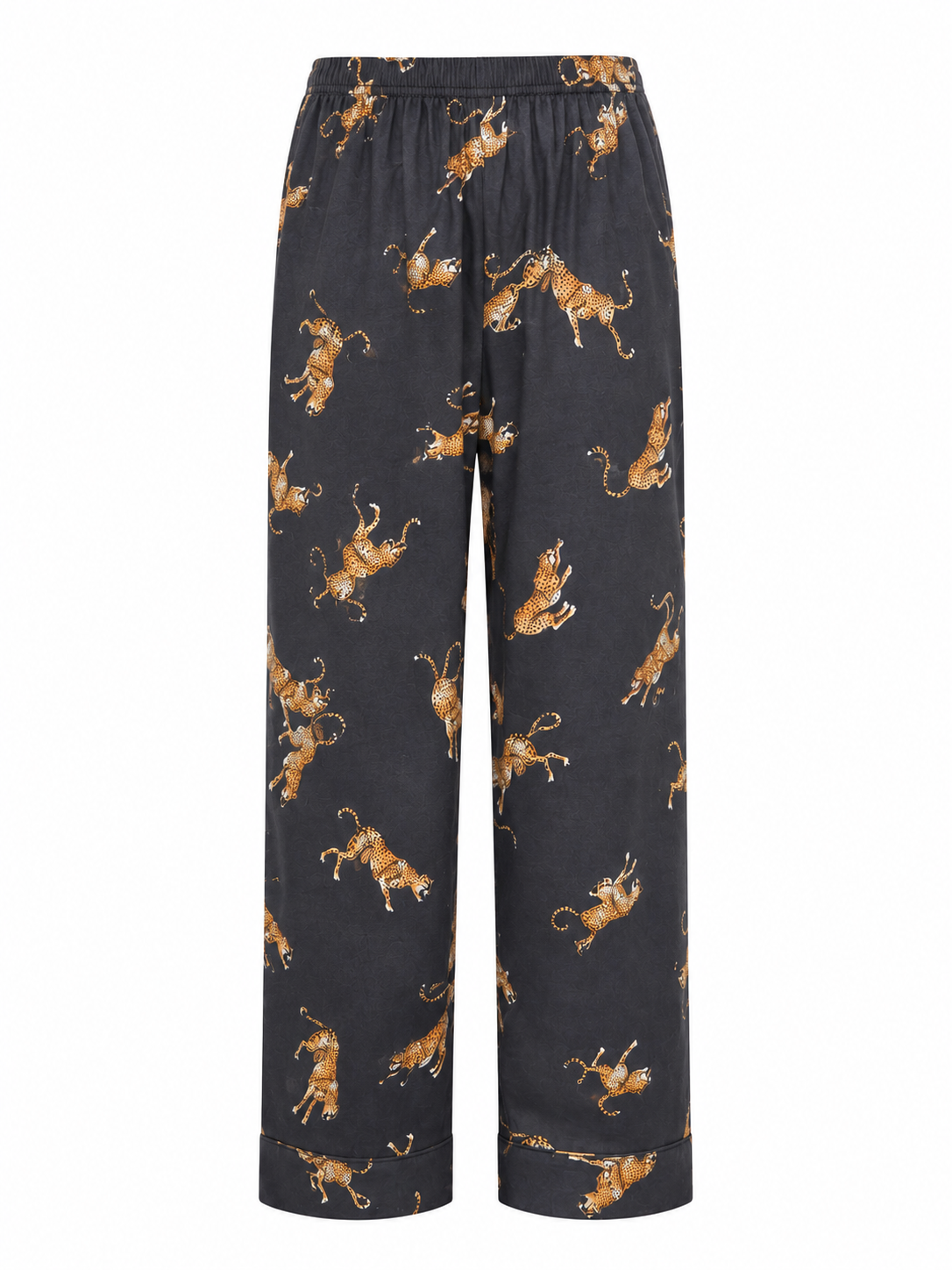 Woodstock Laundry long satin pyjama set in charcoal with jumping cheetah print