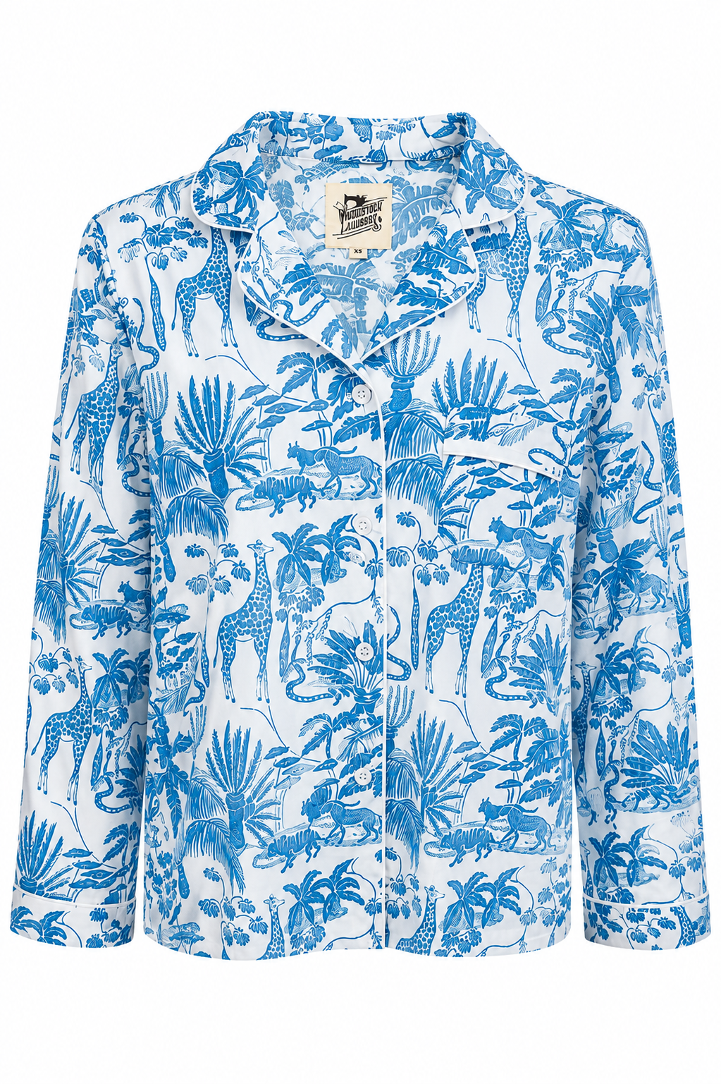 Woodstock Laundry long pyjama set in blue safari print on white