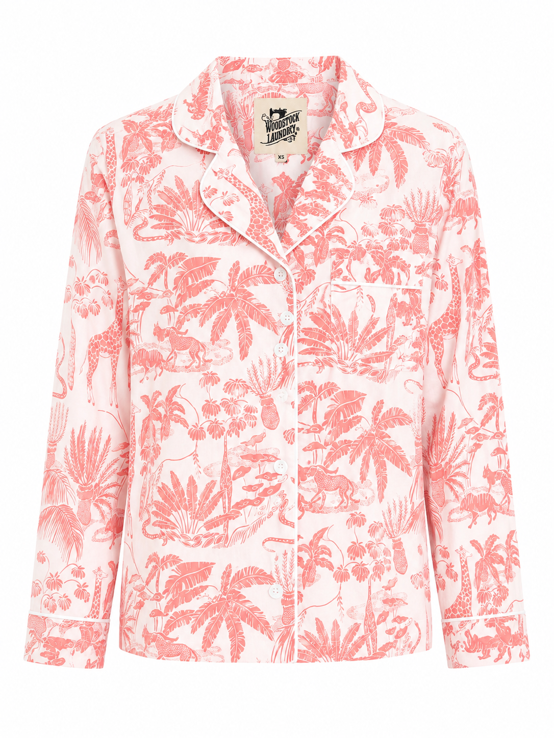 Woodstock Laundry long pyjama set in pink safari print on white