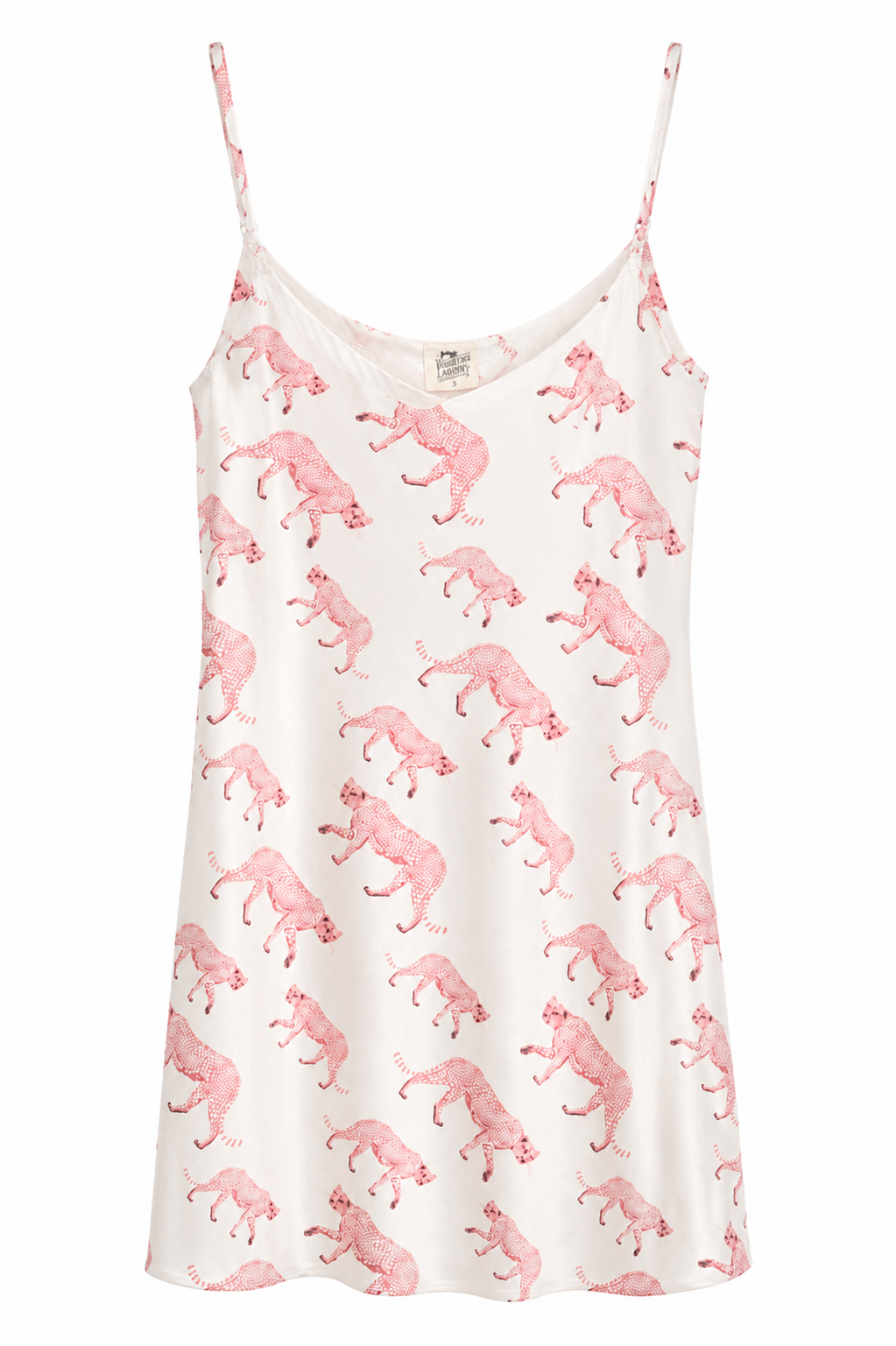 Woodstock Laundry white nighty with pink cheetah print and thin straps