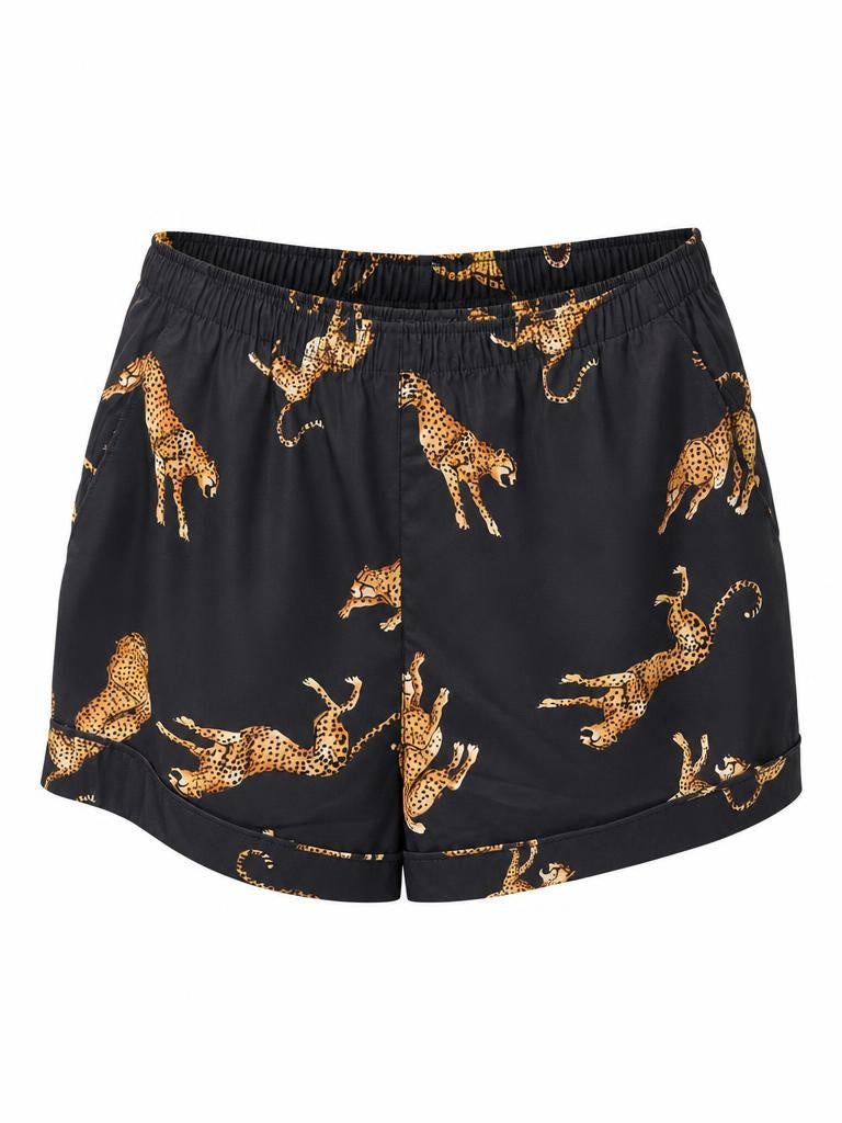 Woodstock Laundry charcoal satin short pyjama set with jumping cheetah print