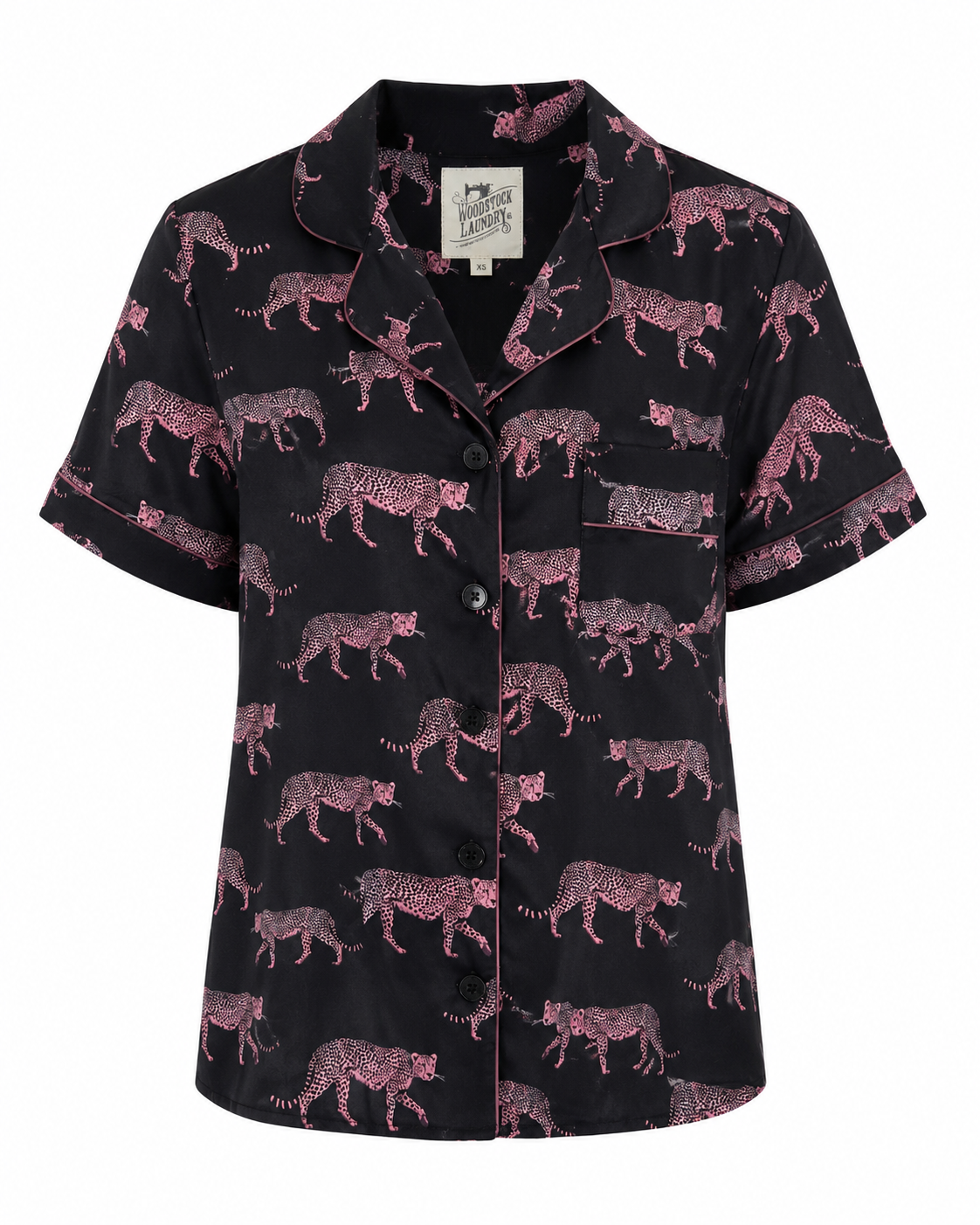 Woodstock Laundry charcoal pyjama shirt with pink cheetah print and contrast piping