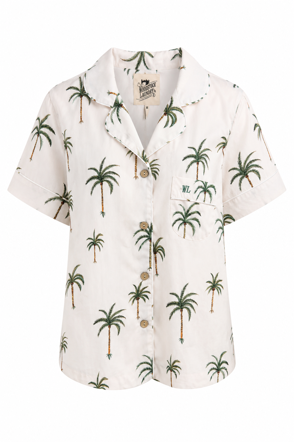 Woodstock Laundry short sleeve palm print pyjama shirt in ivory with matching piping