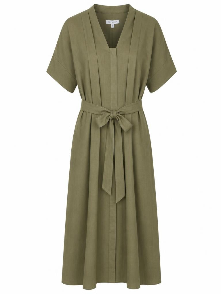 Yarra Trail olive midi dress with tie waist and relaxed silhouette